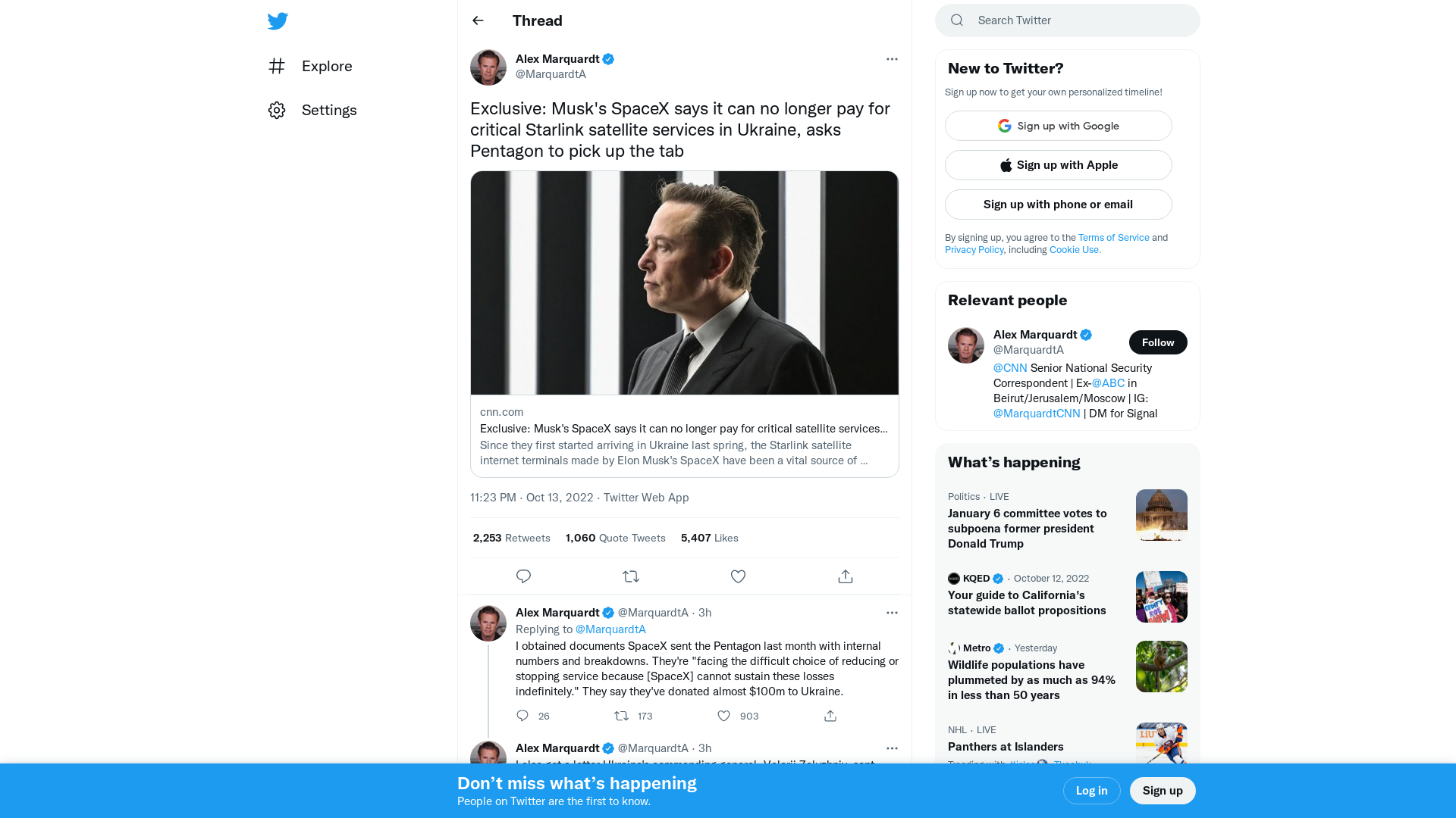 Alex Marquardt on Twitter: "Exclusive: Musk's SpaceX says it can no longer pay for critical Starlink satellite services in Ukraine, asks Pentagon to pick up the tab https://t.co/RgX7ykI852" / Twitter
