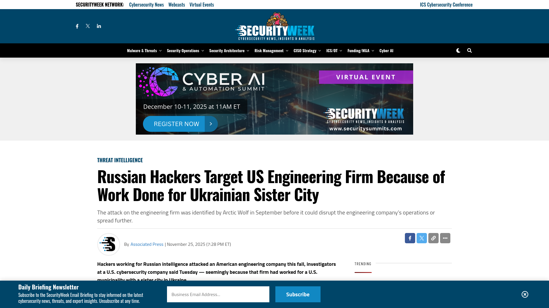Russian Hackers Target US Engineering Firm Because of Work Done for Ukrainian Sister City - SecurityWeek