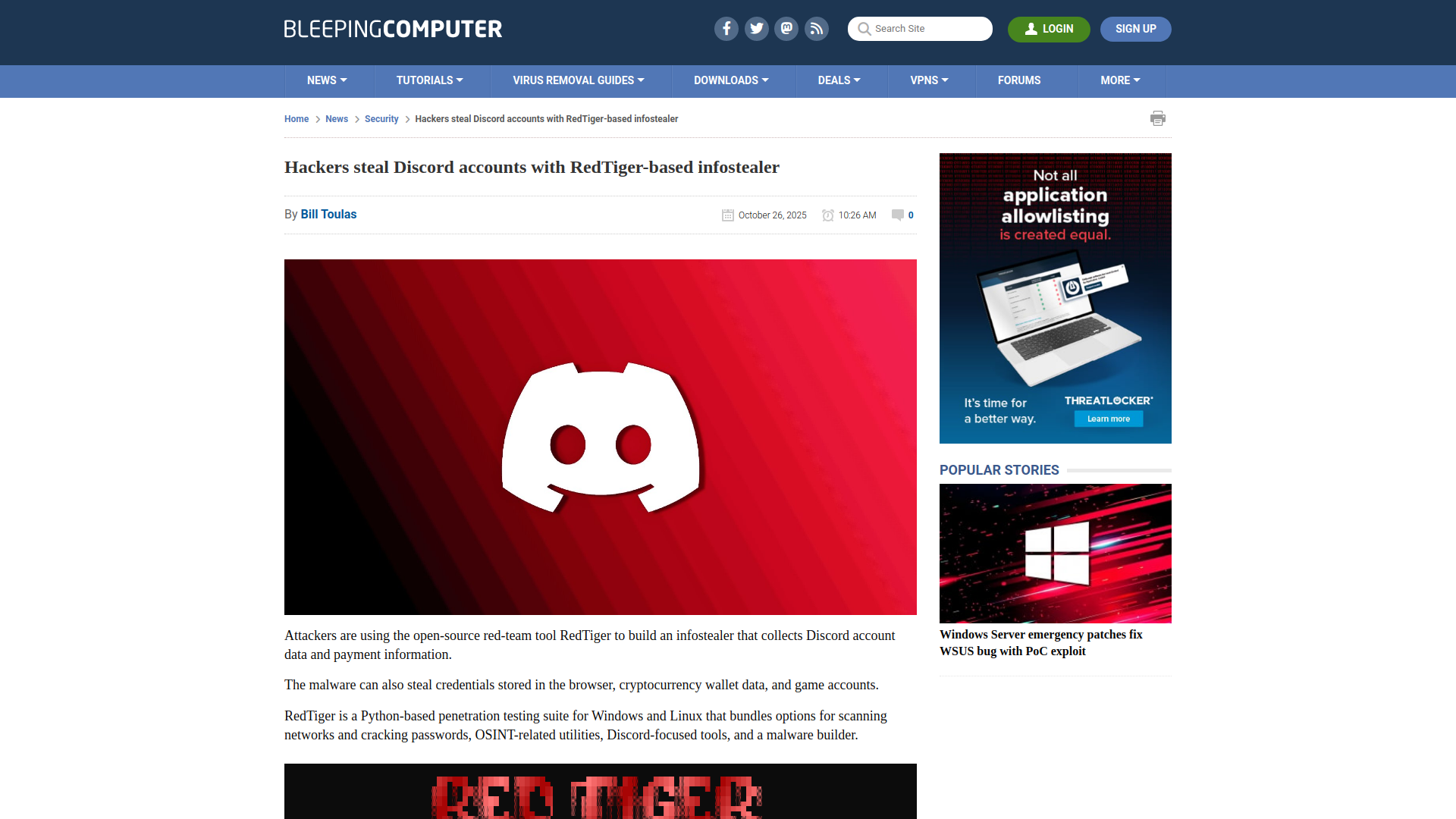 Hackers steal Discord accounts with RedTiger-based infostealer
