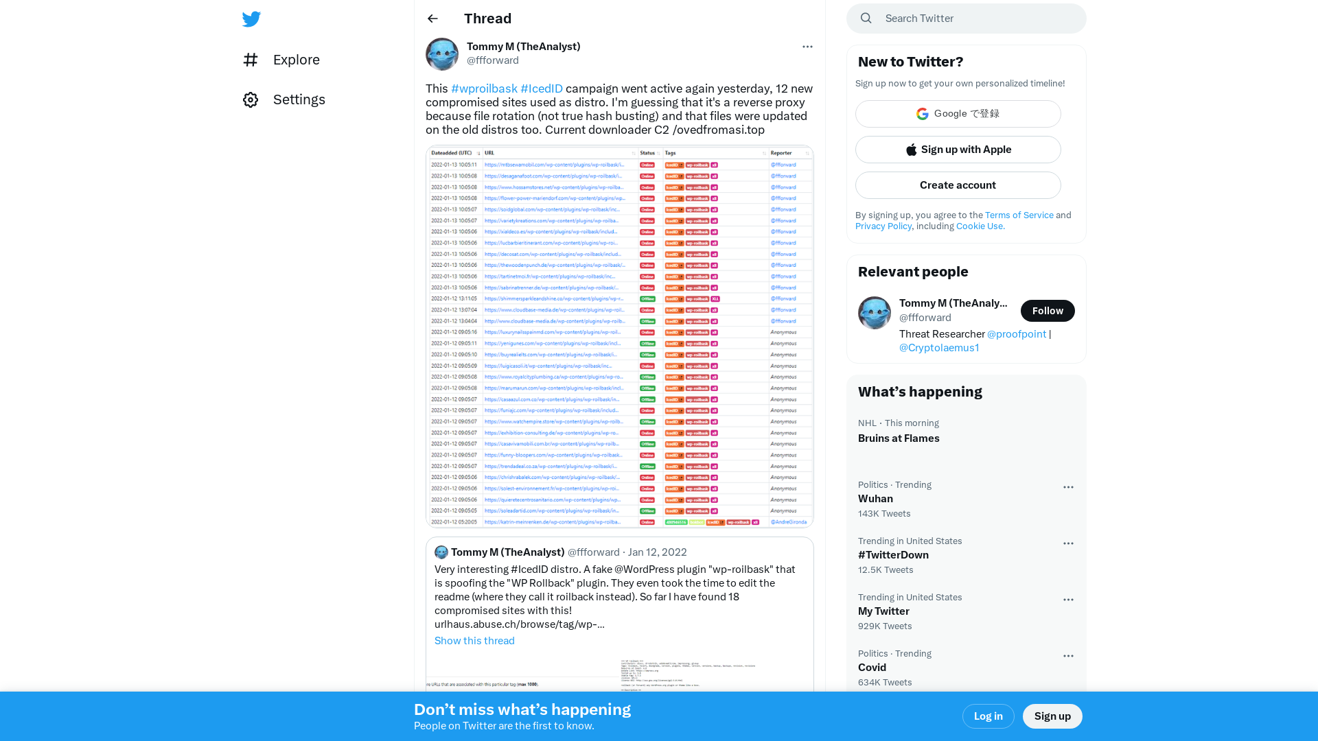 Tommy M (TheAnalyst) on Twitter: "This #wproilbask #IcedID campaign went active again yesterday, 12 new compromised sites used as distro. I'm guessing that it's a reverse proxy because file rotation (not true hash busting) and that files were updated on the old distros too. Current downloader C2 /ovedfromasi.top https://t.co/8yzBYMLkvD" / Twitter