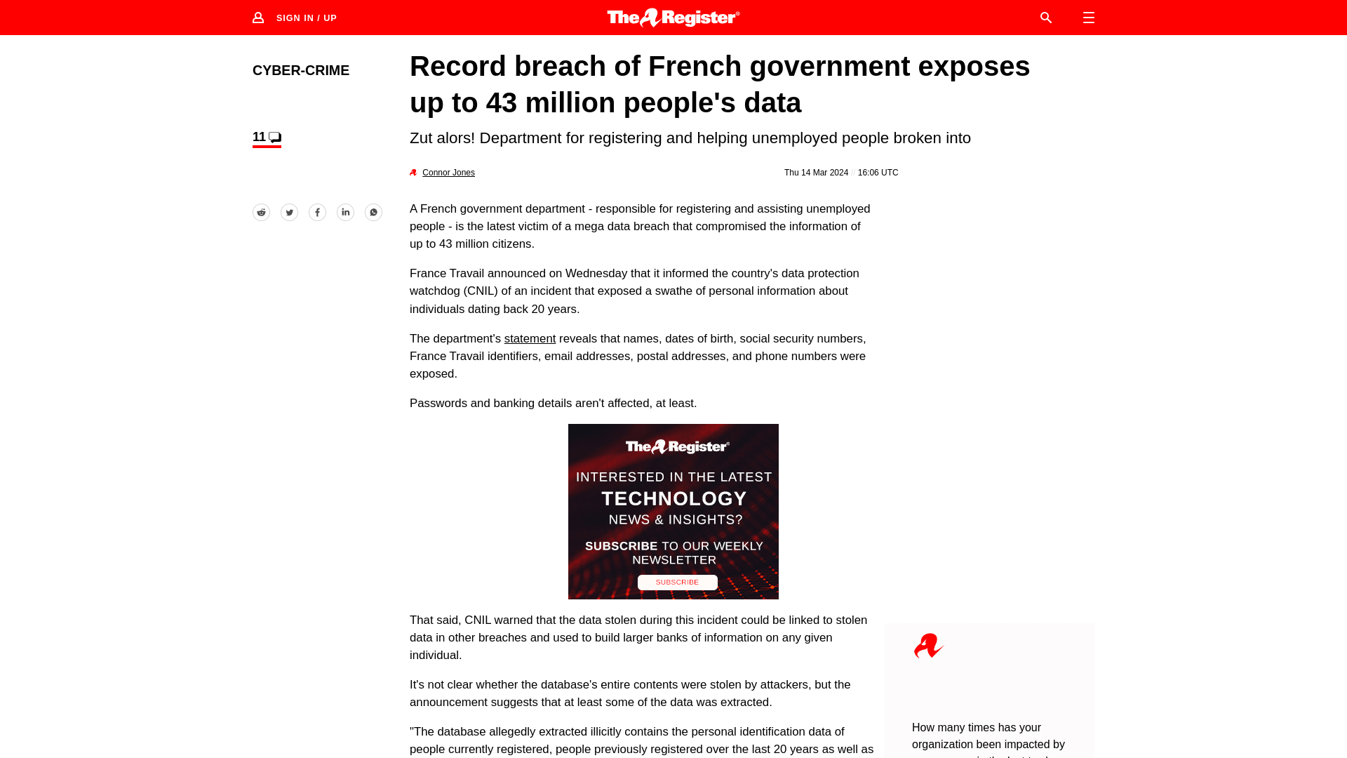 Record mega breach in France impacts up to 43 million people • The Register