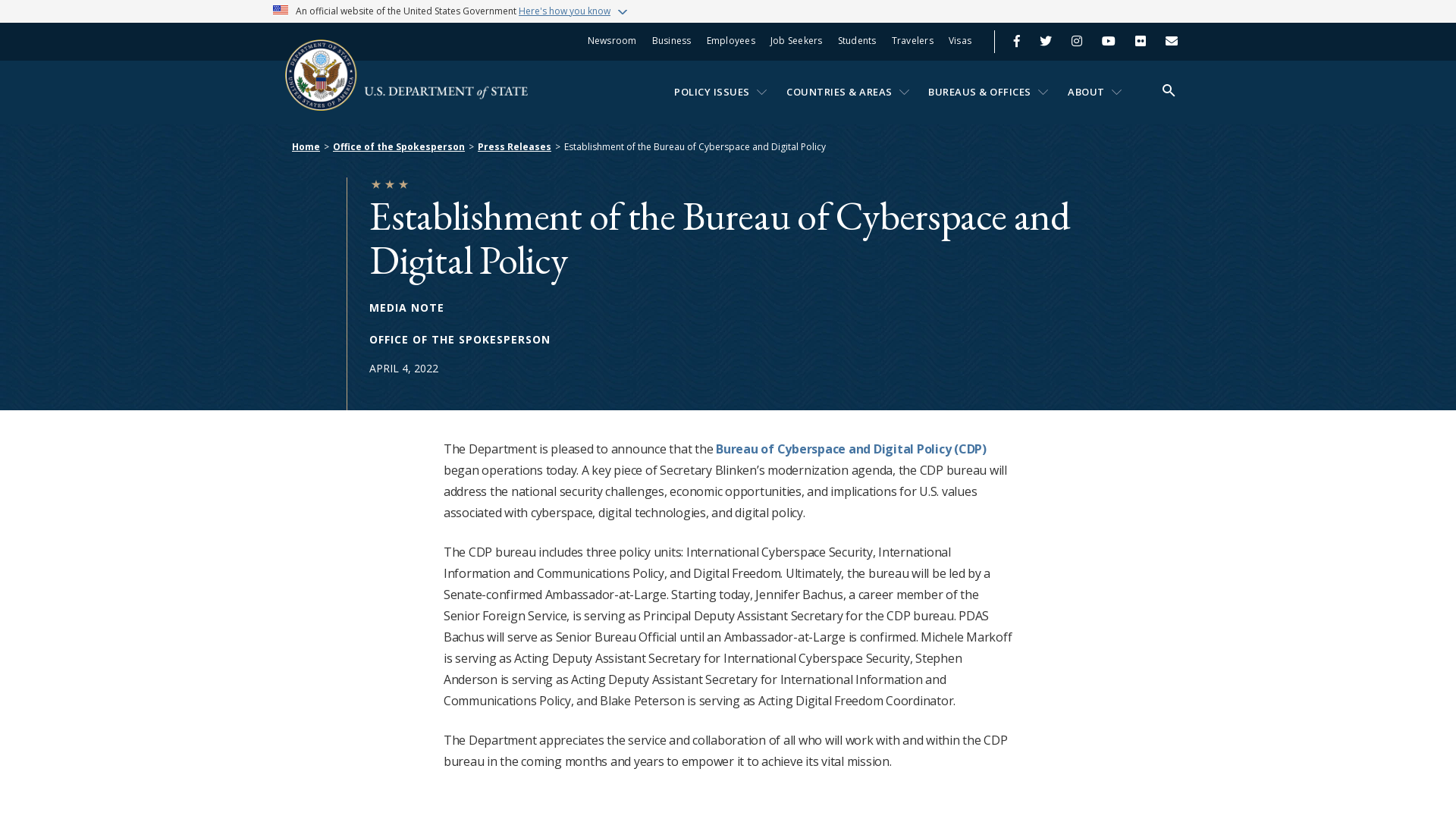 Establishment of the Bureau of Cyberspace and Digital Policy - United States Department of State
