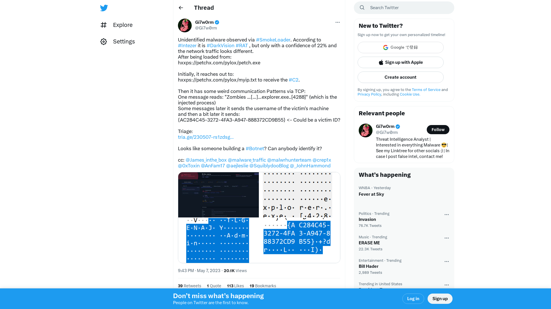 Gi7w0rm on Twitter: "Unidentified malware observed via #SmokeLoader. According to #Intezer it is #DarkVision #RAT , but only with a confidence of 22% and the network traffic looks different. After being loaded from: hxxps://petchx.com/pylox/petch.exe Initially, it reaches out to:… https://t.co/0pfVAZb6j0" / Twitter