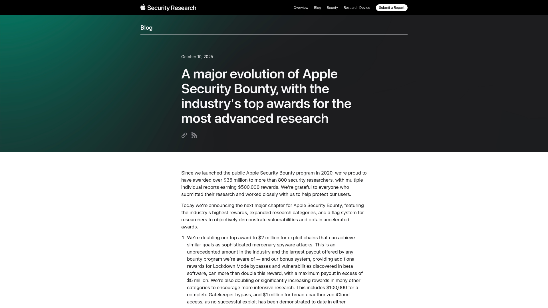 A major evolution of Apple Security Bounty, with the industry's top awards for the most advanced research - Apple Security Research