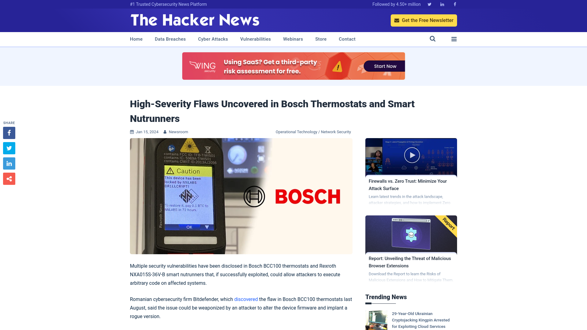 High-Severity Flaws Uncovered in Bosch Thermostats and Smart Nutrunners