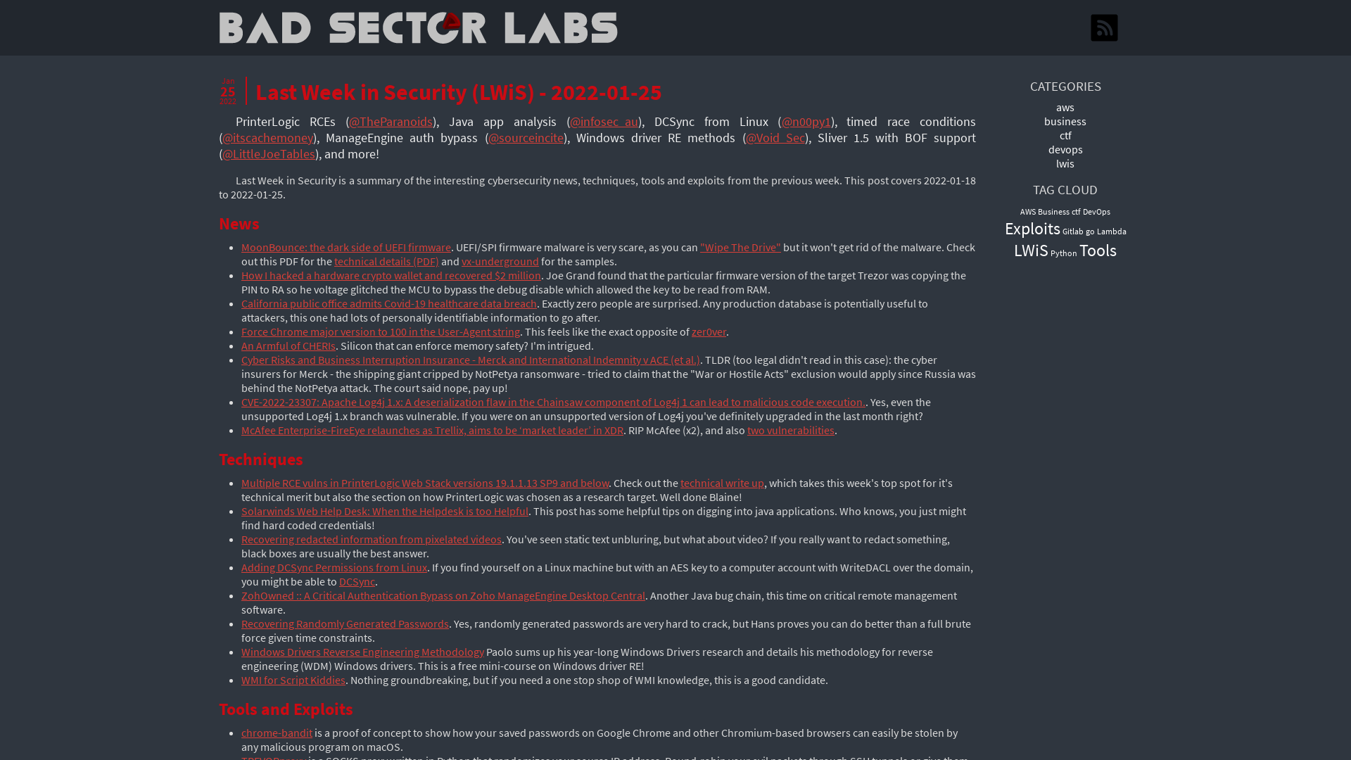 Last Week in Security (LWiS) - 2022-01-25 | Bad Sector Labs Blog