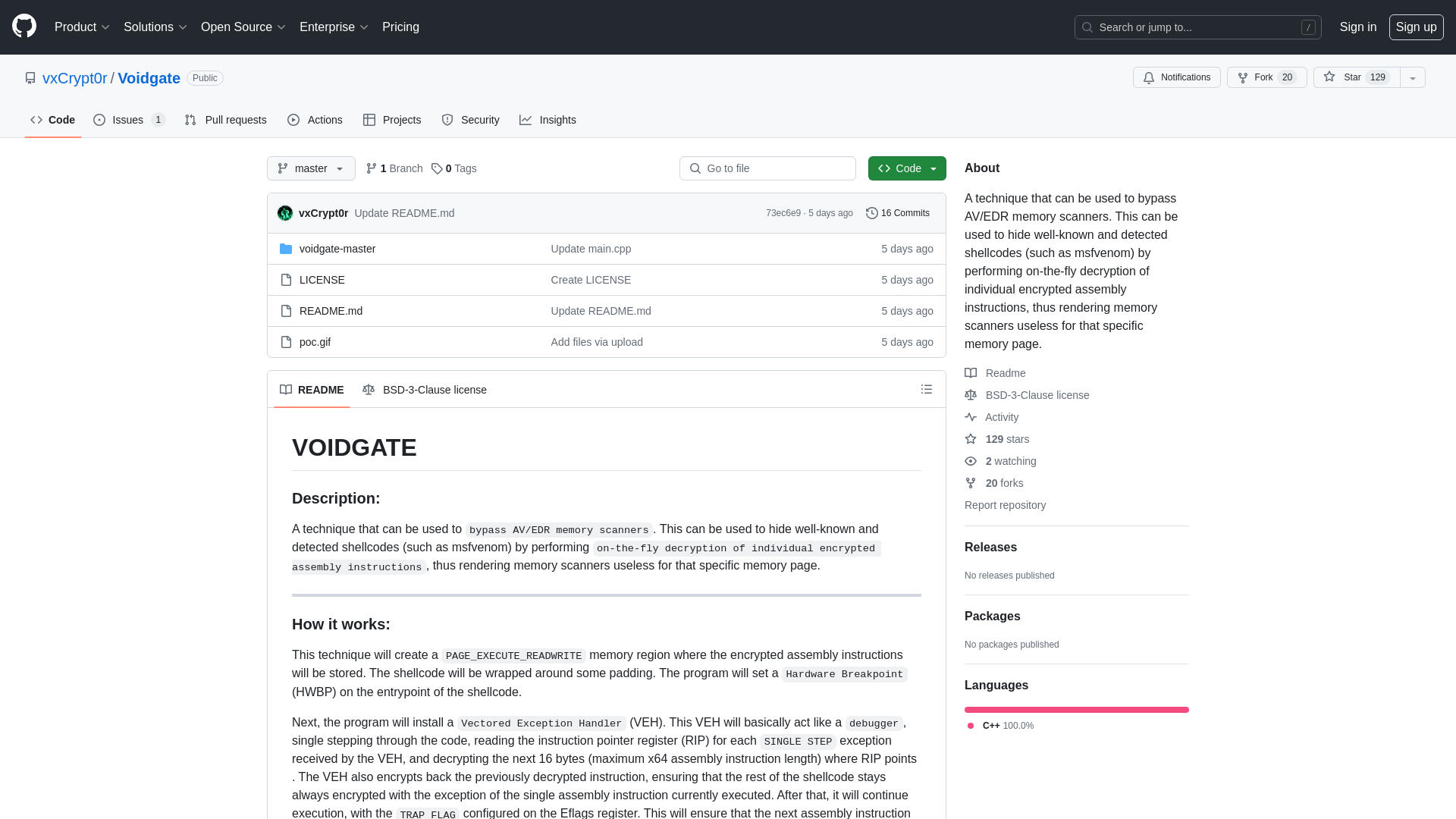 GitHub - vxCrypt0r/Voidgate: A technique that can be used to bypass AV/EDR memory scanners. This can be used to hide well-known and detected shellcodes (such as msfvenom) by performing on-the-fly decryption of individual encrypted assembly instructions, thus rendering memory scanners useless for that specific memory page.