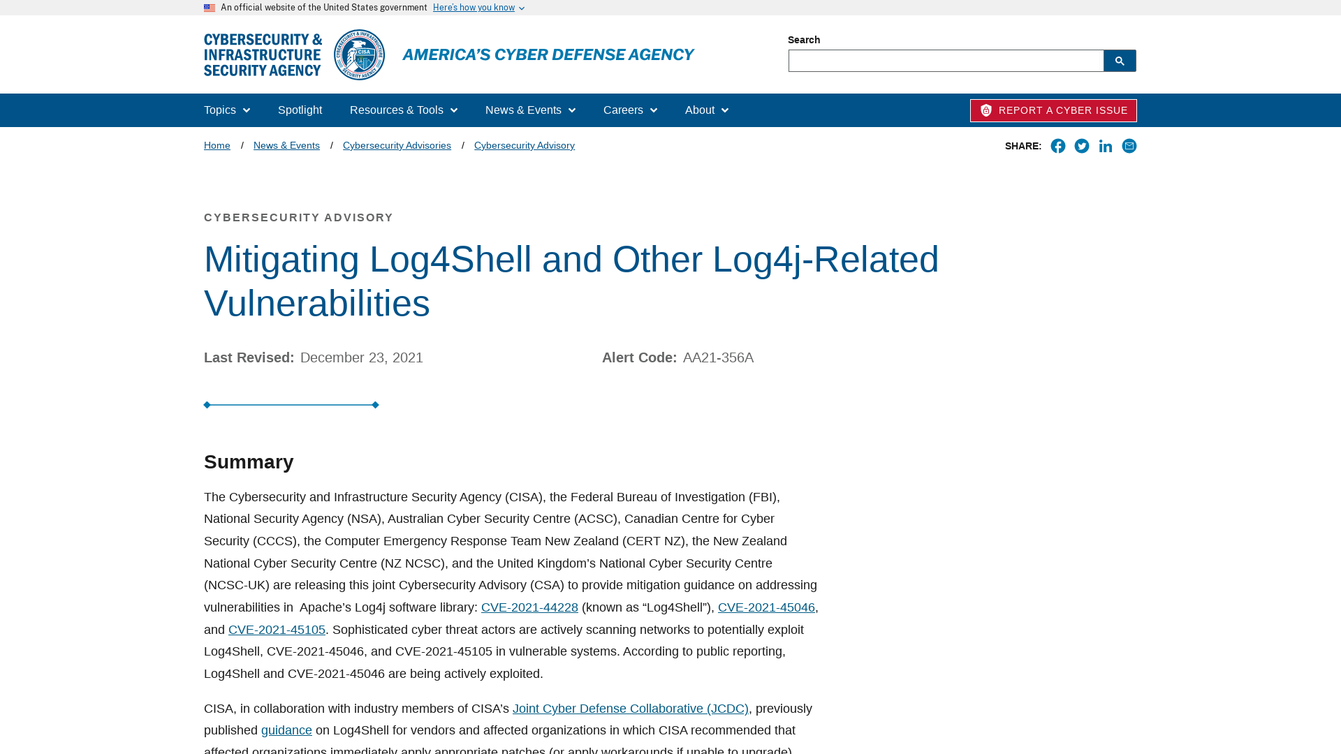 Mitigating Log4Shell and Other Log4j-Related Vulnerabilities | CISA