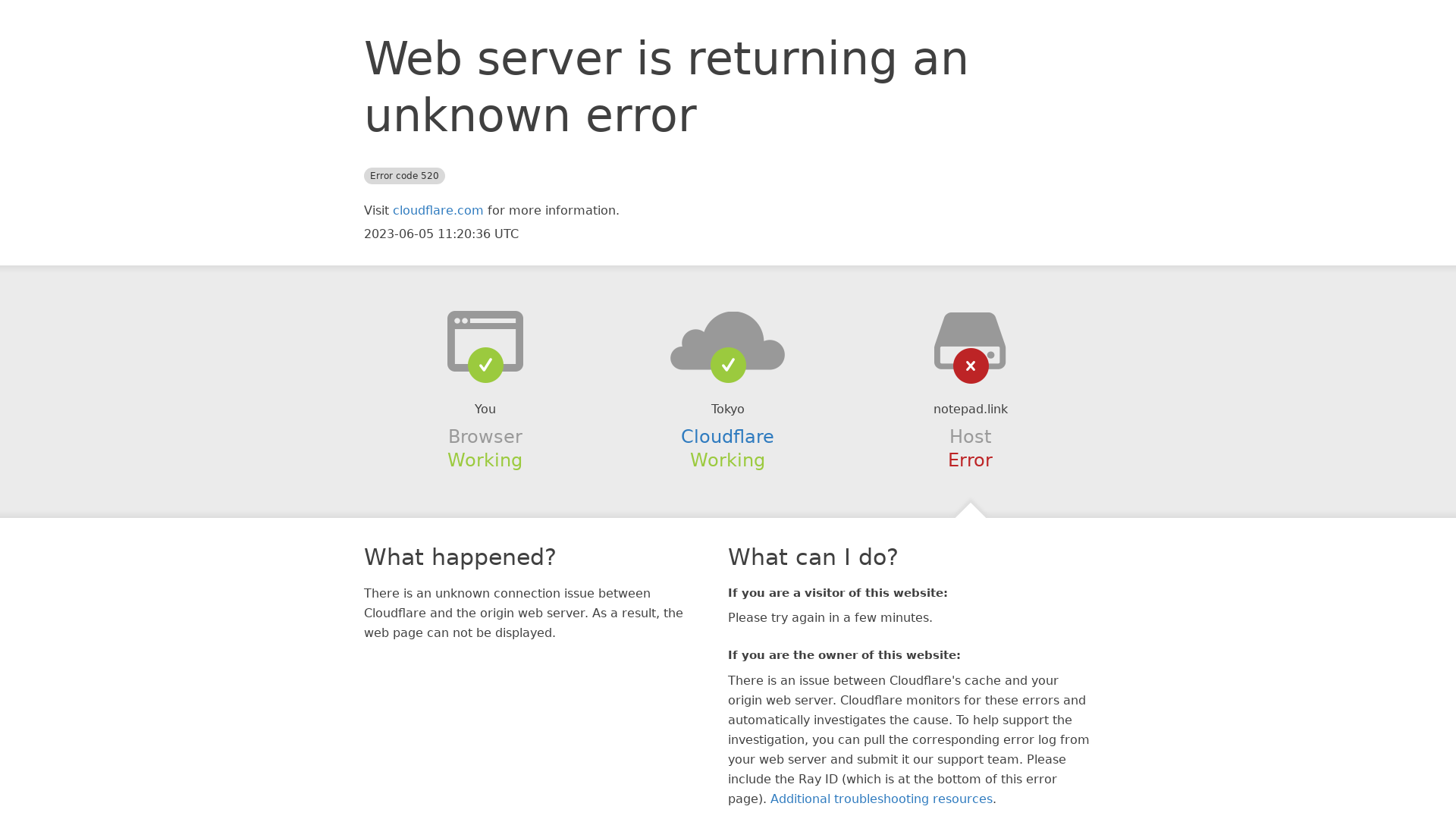 notepad.link | 520: Web server is returning an unknown error