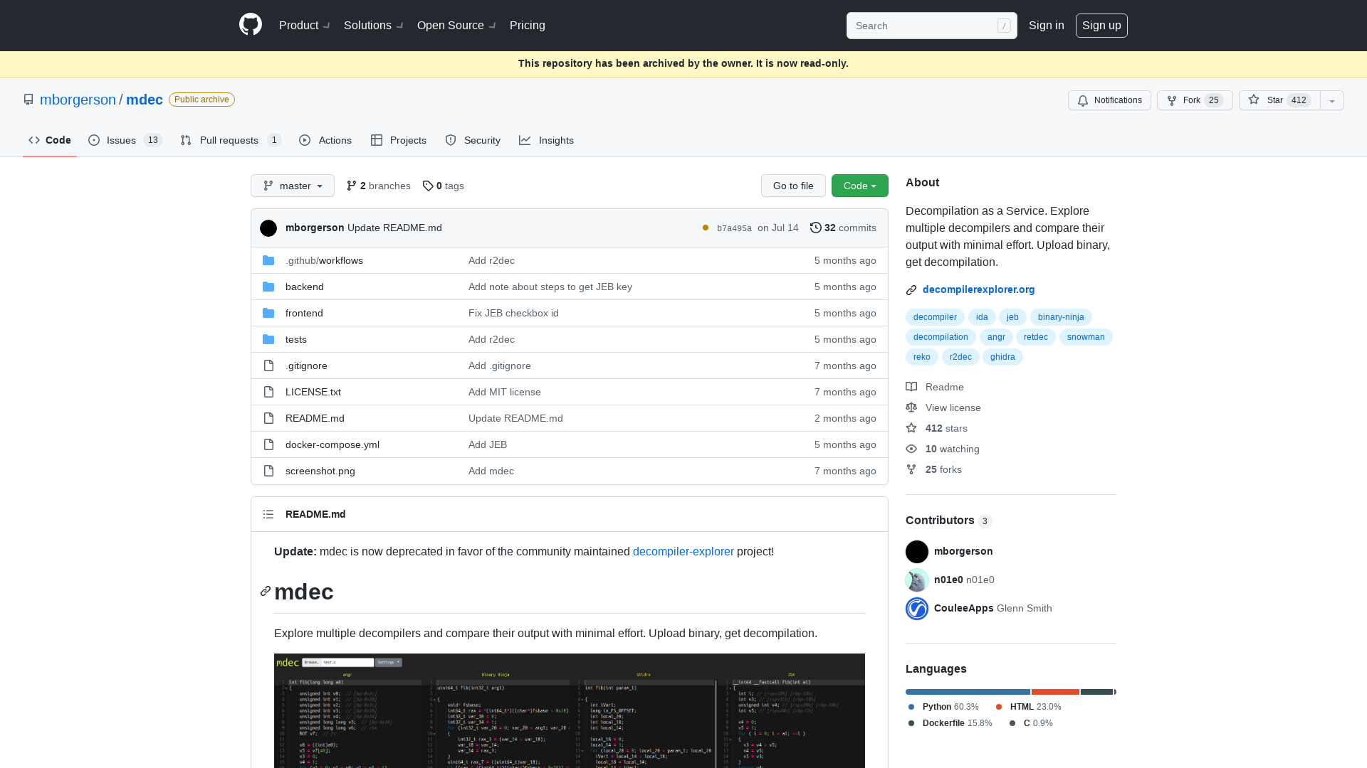 GitHub - mborgerson/mdec: Decompilation as a Service. Explore multiple decompilers and compare their output with minimal effort. Upload binary, get decompilation.