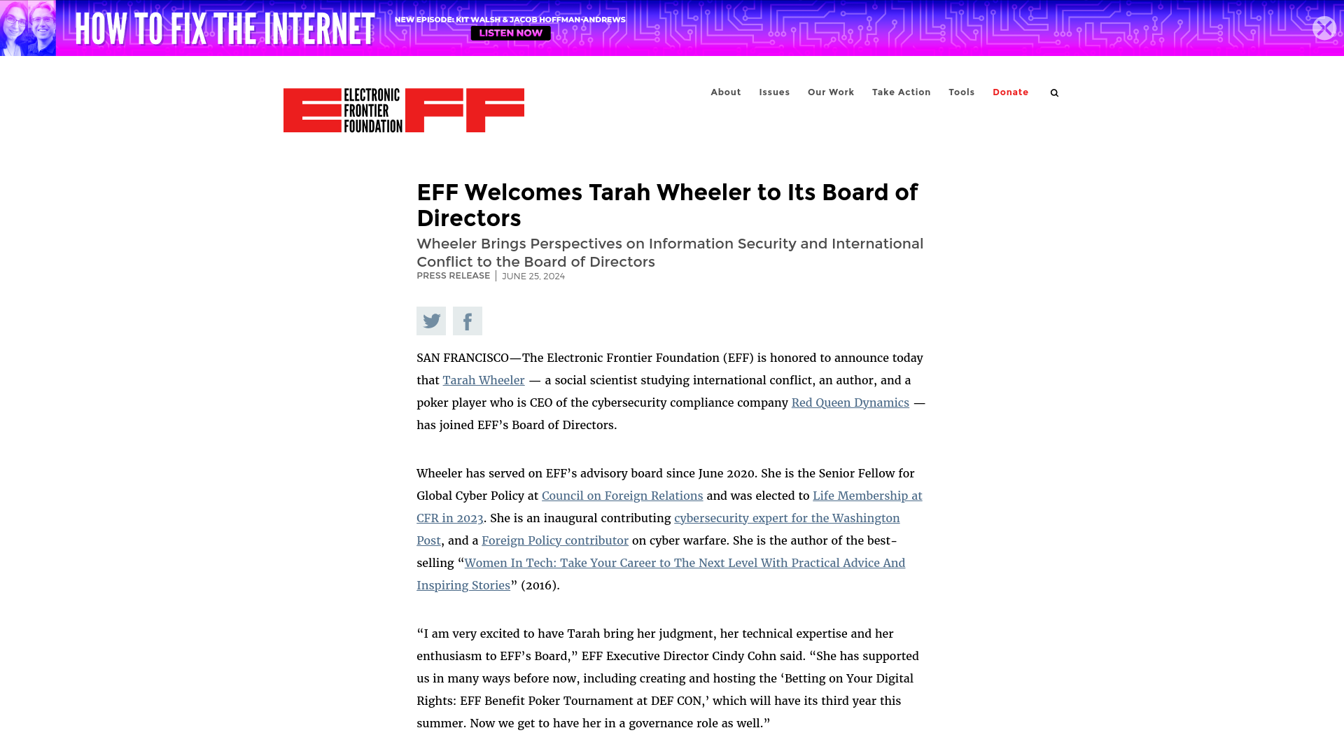 EFF Welcomes Tarah Wheeler to Its Board of Directors | Electronic Frontier Foundation