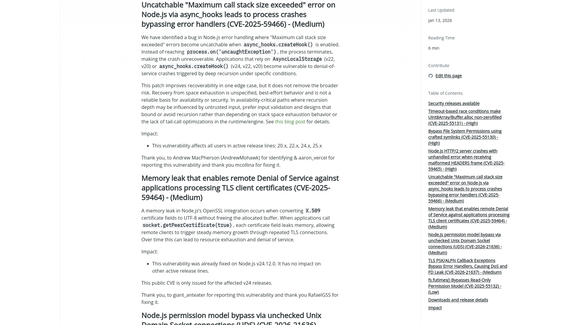 Node.js — Tuesday, January 13, 2026 Security Releases