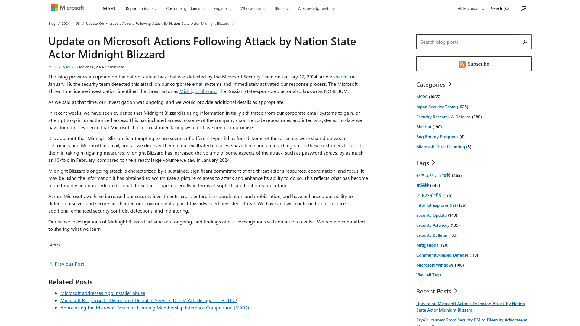 Update on Microsoft Actions Following Attack by Nation State Actor Midnight Blizzard | MSRC Blog | Microsoft Security Response Center