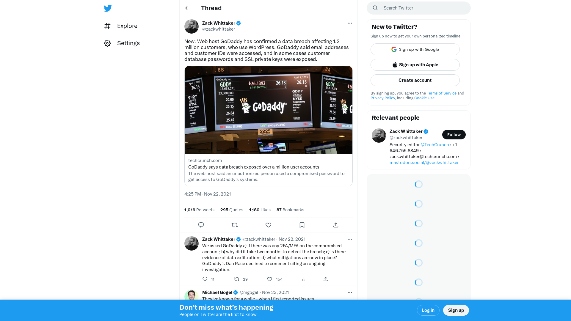 Zack Whittaker on Twitter: "New: Web host GoDaddy has confirmed a data breach affecting 1.2 million customers, who use WordPress. GoDaddy said email addresses and customer IDs were accessed, and in some cases customer database passwords and SSL private keys were exposed. https://t.co/ak5NlFsnn1" / Twitter