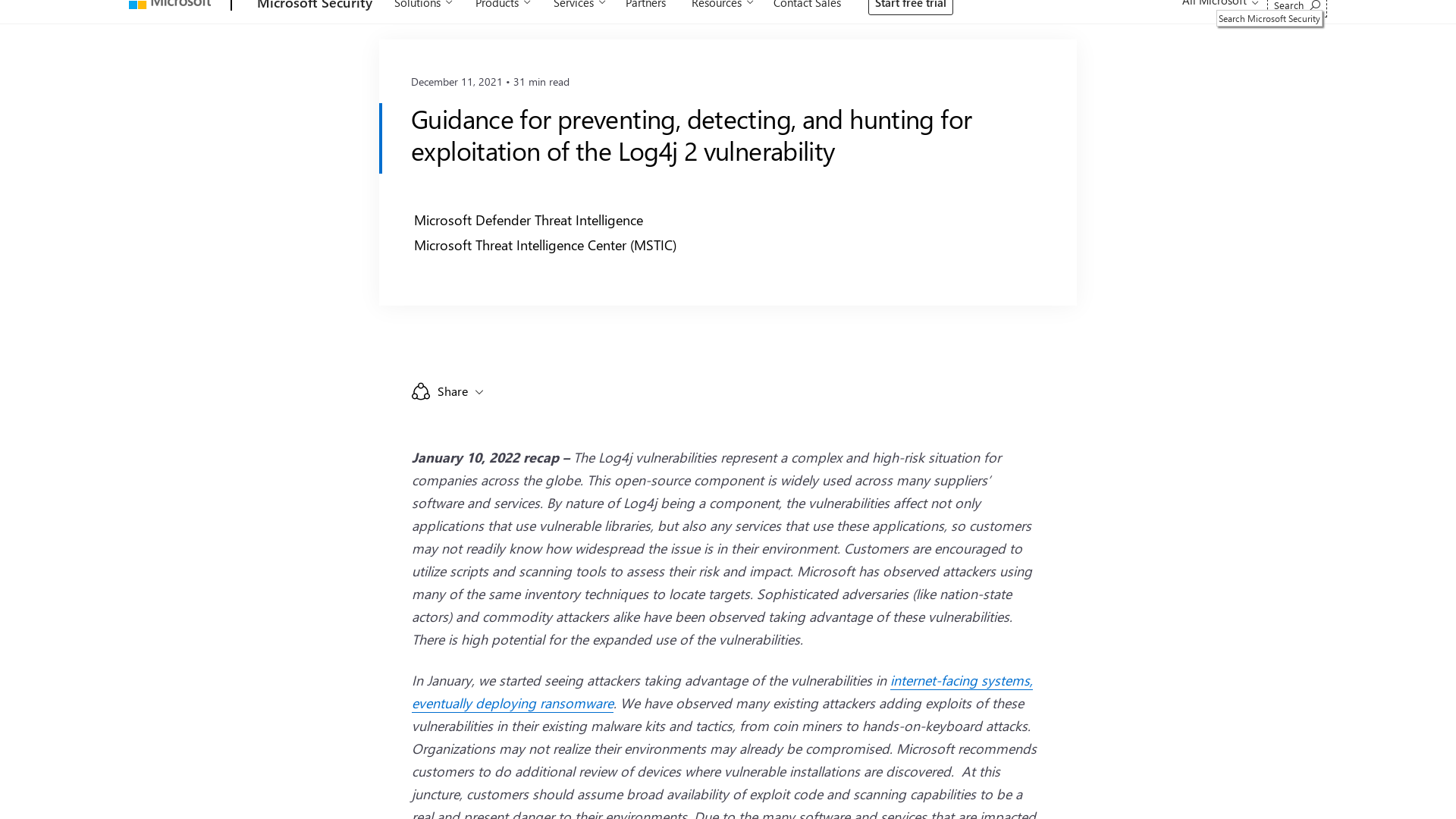 Guidance for preventing, detecting, and hunting for exploitation of the Log4j 2 vulnerability - Microsoft Security Blog