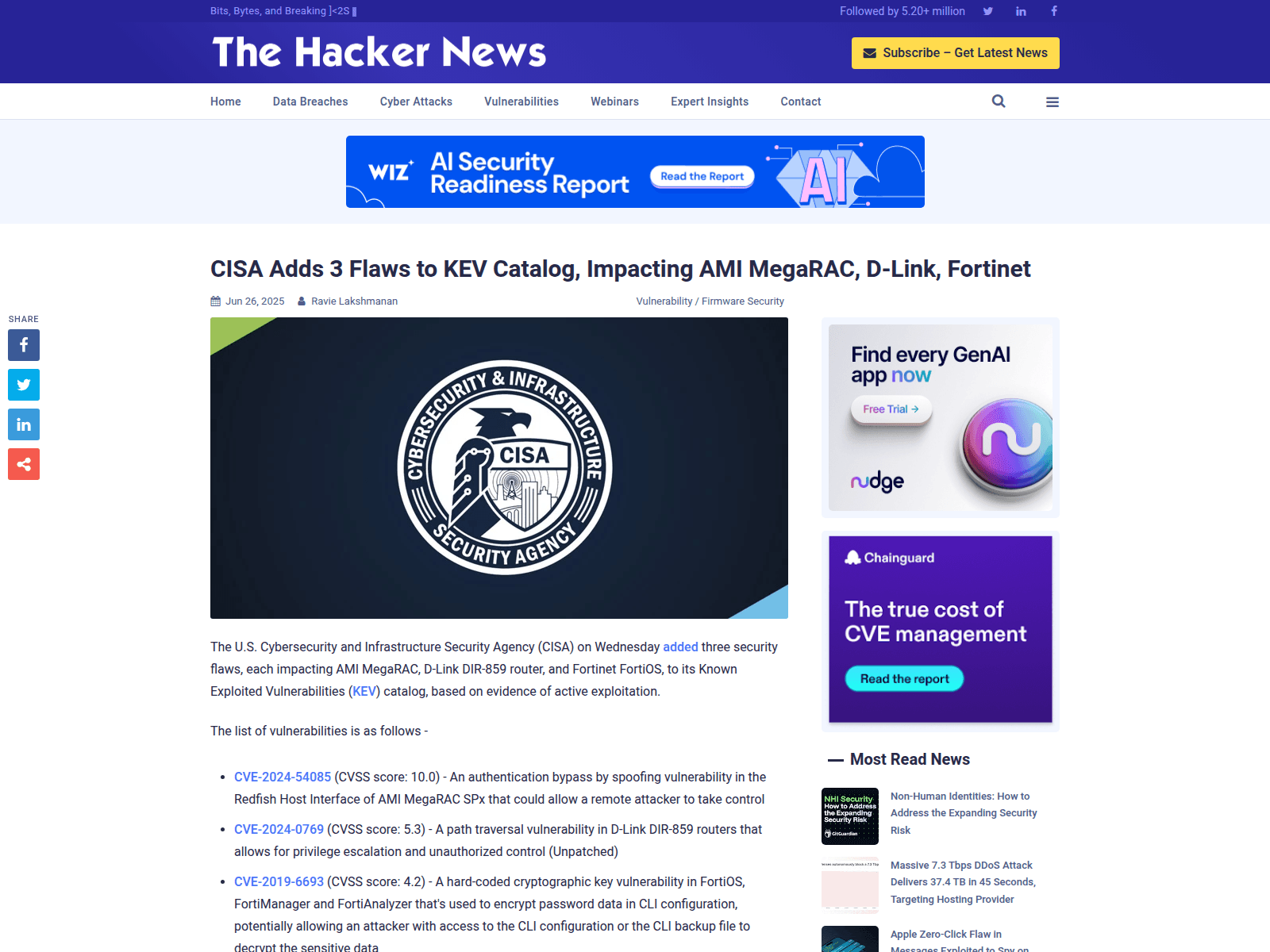 CISA Adds 3 Flaws to KEV Catalog, Impacting AMI MegaRAC, D-Link, Fortinet