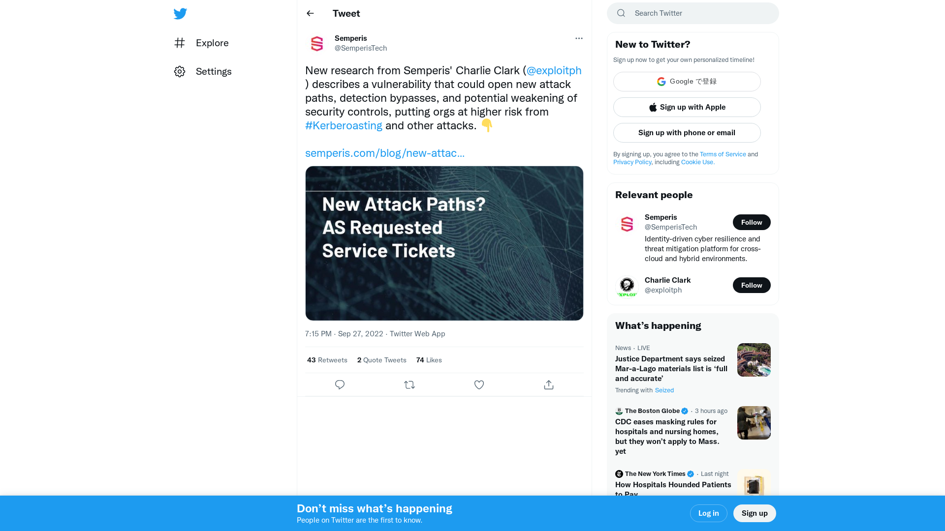 Semperis on Twitter: "New research from Semperis' Charlie Clark (@exploitph) describes a vulnerability that could open new attack paths, detection bypasses, and potential weakening of security controls, putting orgs at higher risk from #Kerberoasting and other attacks. 👇 https://t.co/Z3dqq3i8EJ https://t.co/SHlPOdyUlm" / Twitter
