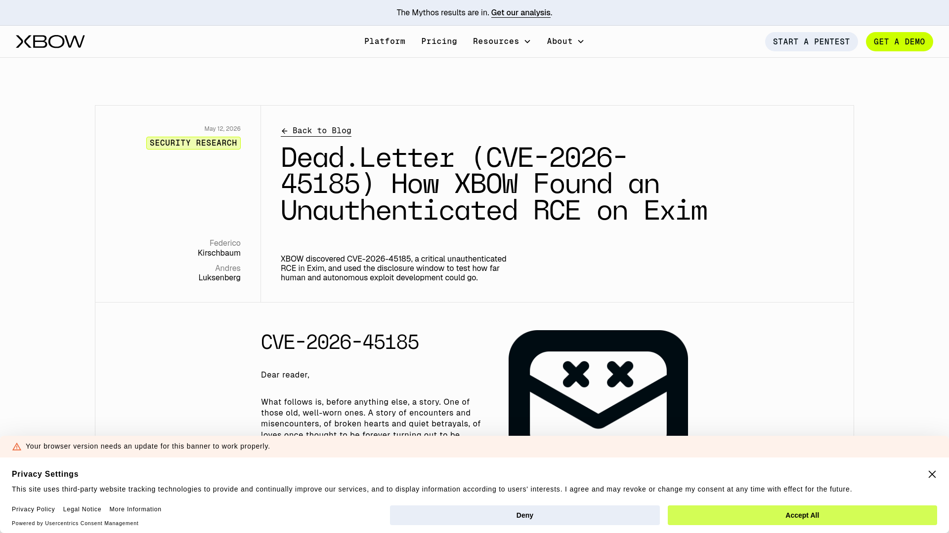 XBOW - Dead.Letter (CVE-2026-45185) How XBOW Found an Unauthenticated RCE on Exim