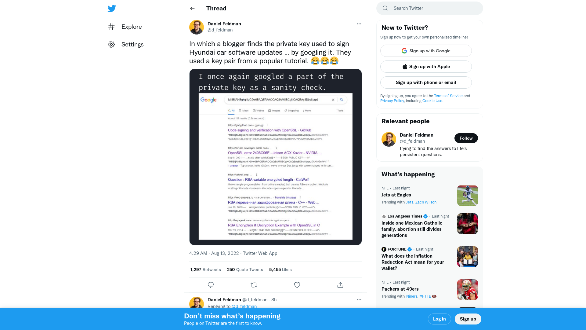 Daniel Feldman on Twitter: "In which a blogger finds the private key used to sign Hyundai car software updates … by googling it. They used a key pair from a popular tutorial. 😂😂😂 https://t.co/ydoWfjbvsR" / Twitter