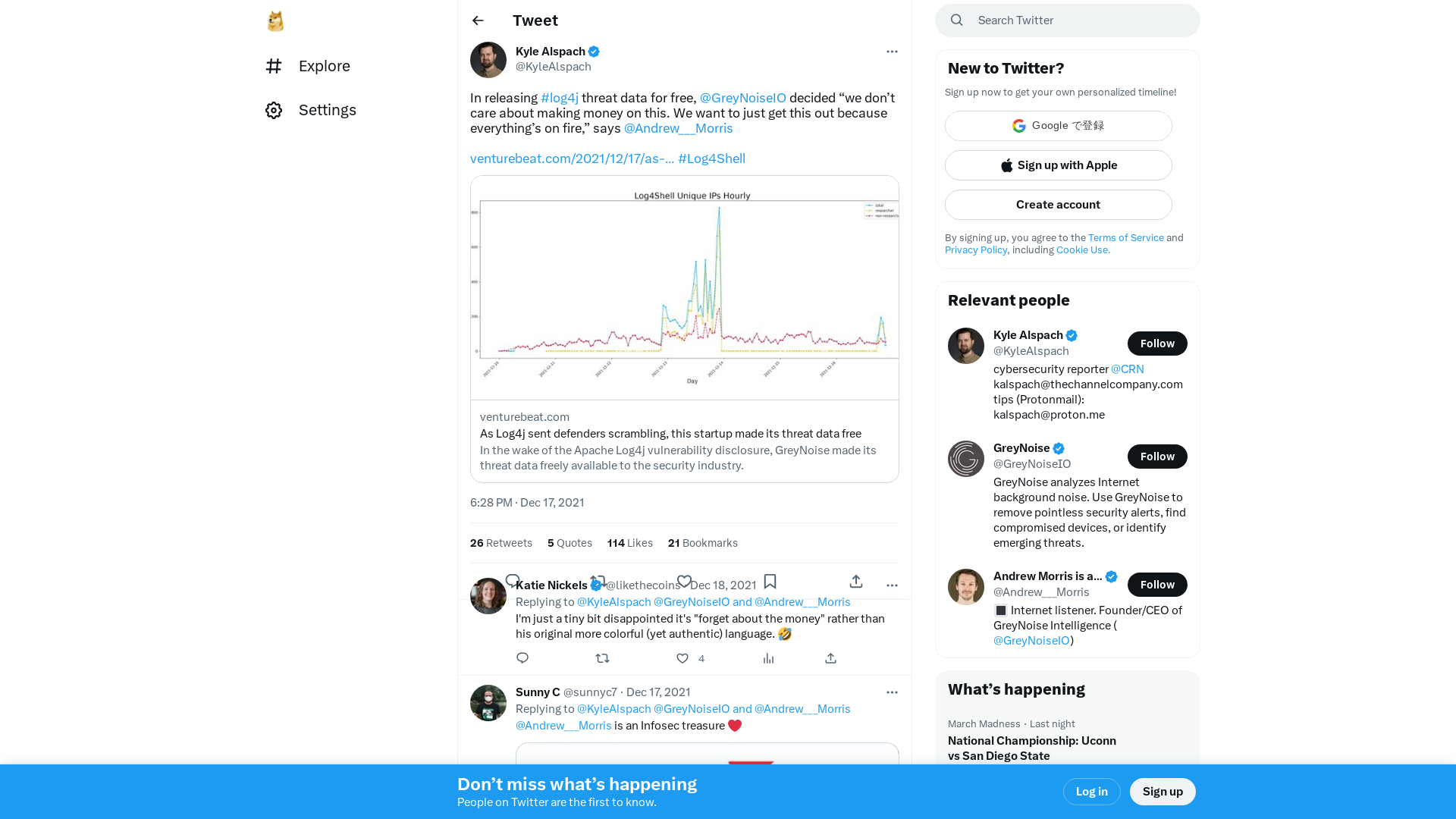 Kyle Alspach on Twitter: "In releasing #log4j threat data for free, @GreyNoiseIO decided “we don’t care about making money on this. We want to just get this out because everything’s on fire,” says @Andrew___Morris https://t.co/EqDJajNCeI #Log4Shell" / Twitter