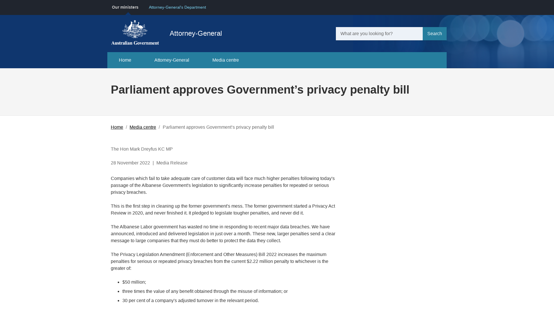 Parliament approves Government’s privacy penalty bill | Our ministers – Attorney-General’s portfolio