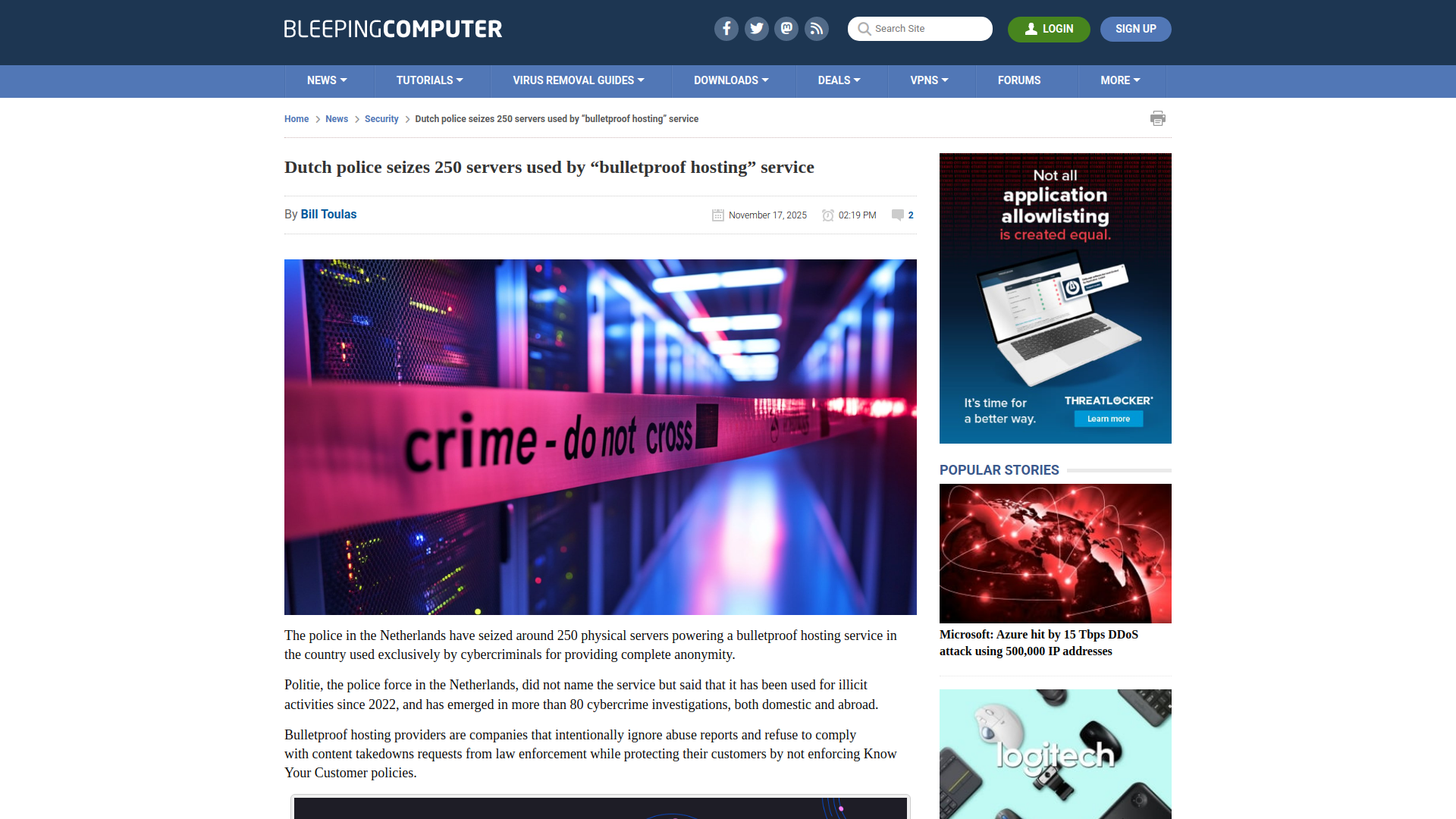 Dutch police seizes 250 servers used by “bulletproof hosting” service