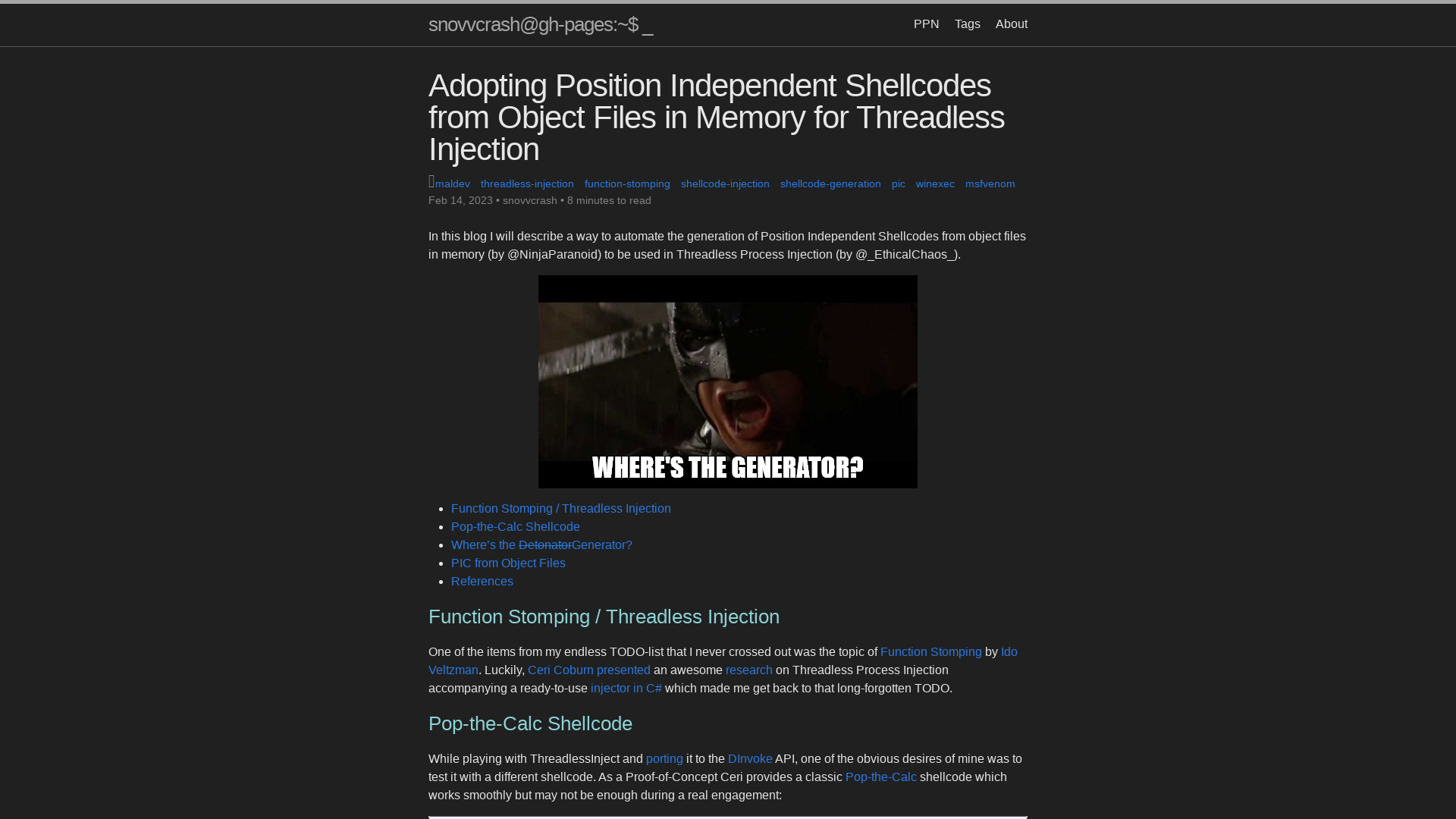 Adopting Position Independent Shellcodes from Object Files in Memory for Threadless Injection | snovvcrash@gh-pages:~$ _