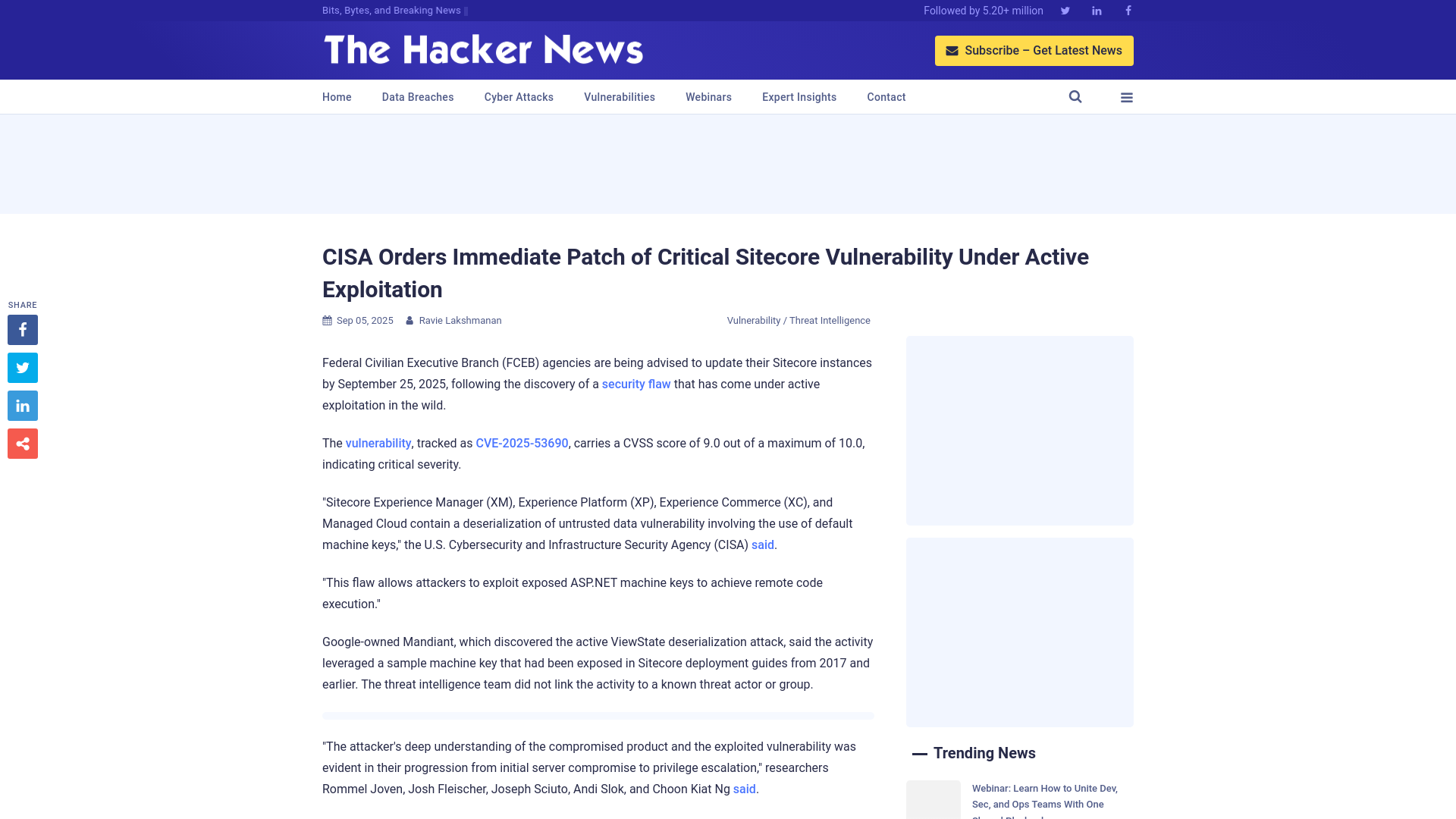 CISA Orders Immediate Patch of Critical Sitecore Vulnerability Under Active Exploitation
