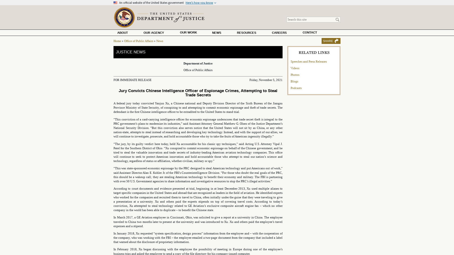 Jury Convicts Chinese Intelligence Officer of Espionage Crimes, Attempting to Steal Trade Secrets | OPA | Department of Justice