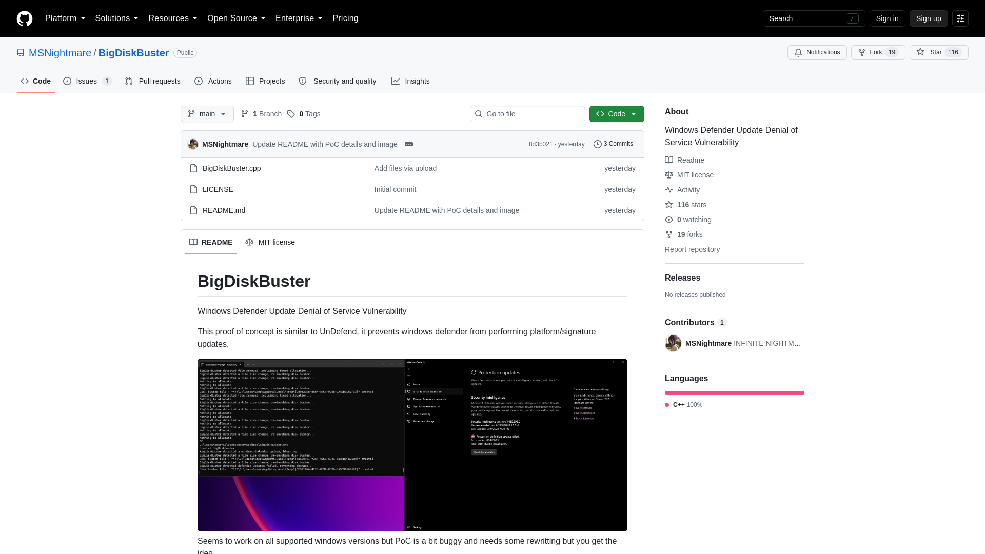 GitHub - MSNightmare/BigDiskBuster: Windows Defender Update Denial of Service Vulnerability · GitHub