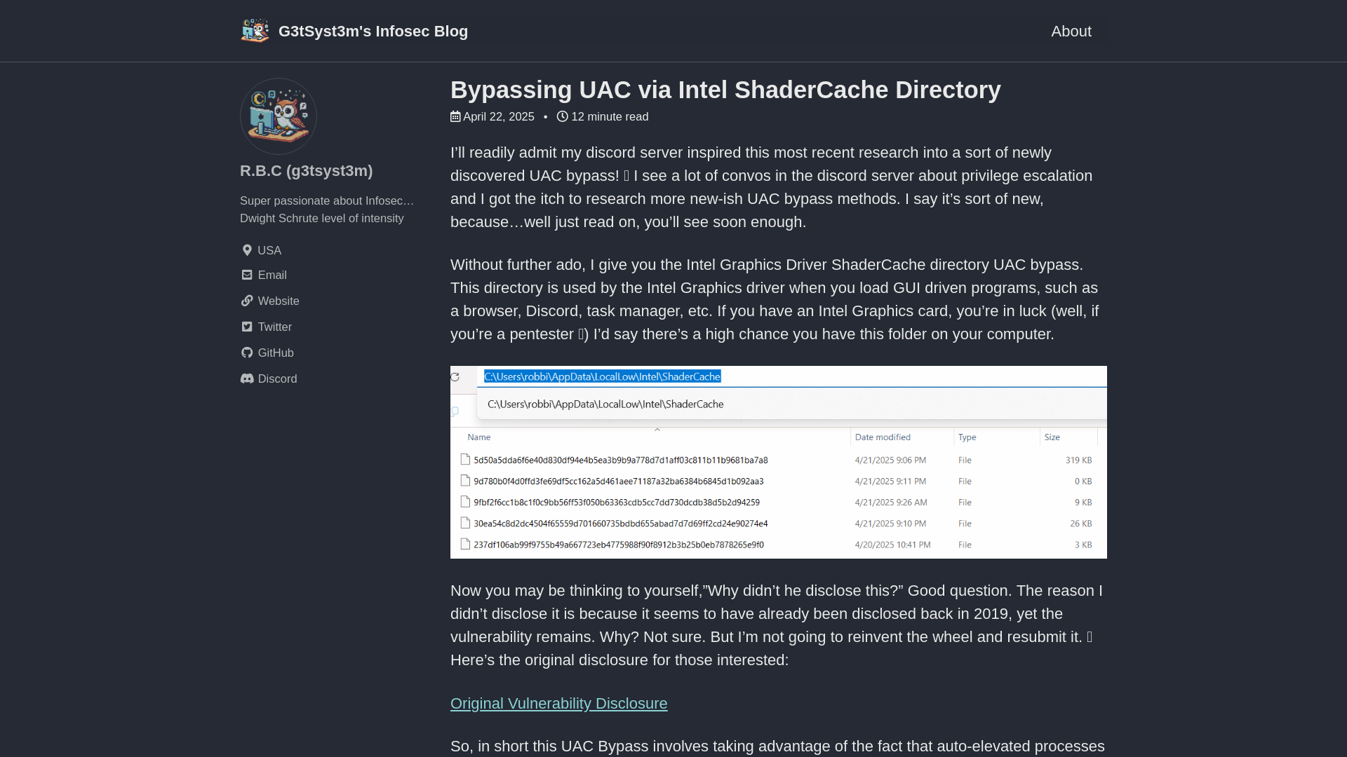 Bypassing UAC via Intel ShaderCache Directory - G3tSyst3m’s Infosec Blog