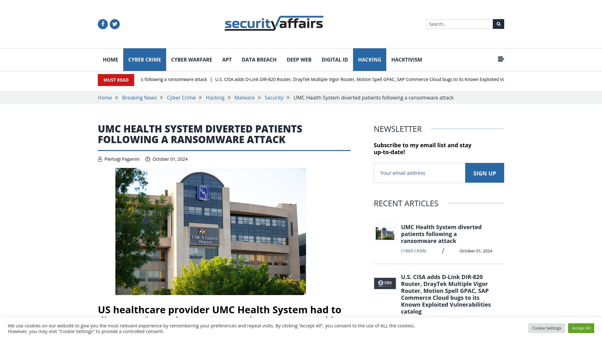 UMC Health System diverted patients following a ransomware attack