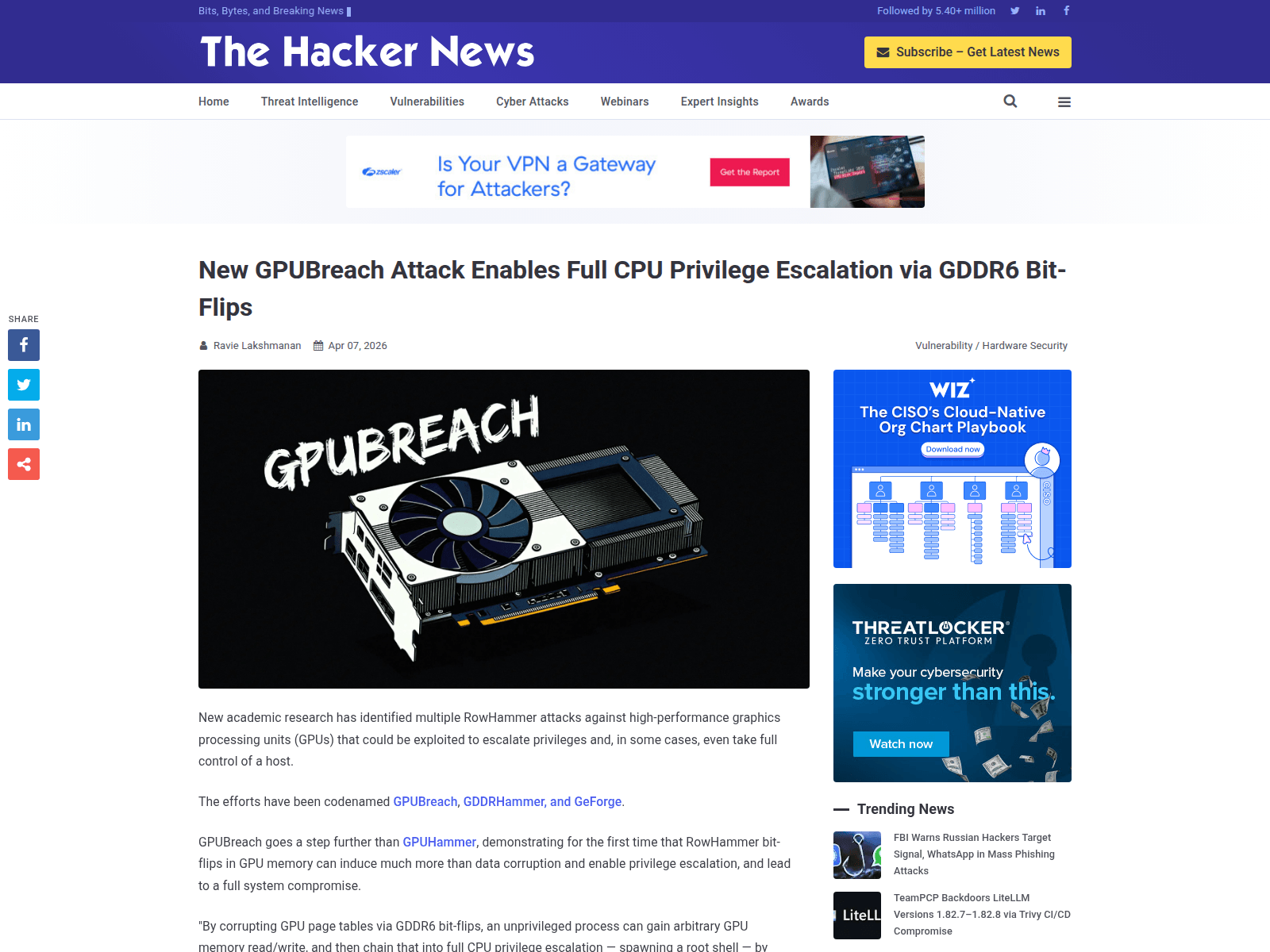 New GPUBreach Attack Enables Full CPU Privilege Escalation via GDDR6 Bit-Flips