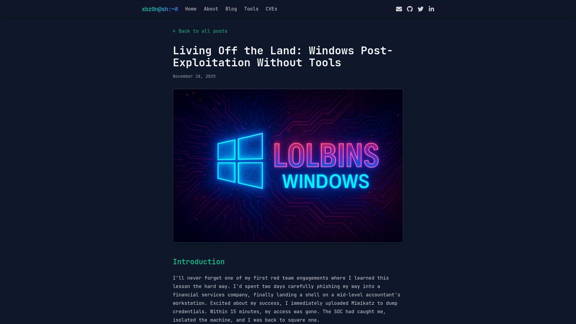 xbz0n@sh:~# Living Off the Land: Windows Post-Exploitation Without Tools