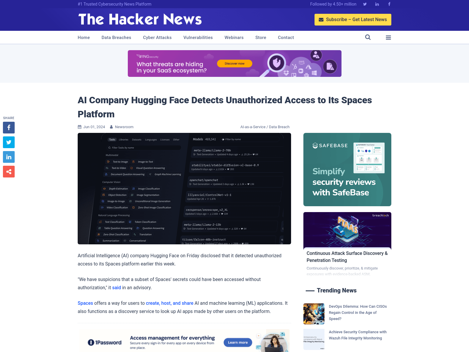 AI Company Hugging Face Detects Unauthorized Access to Its Spaces Platform