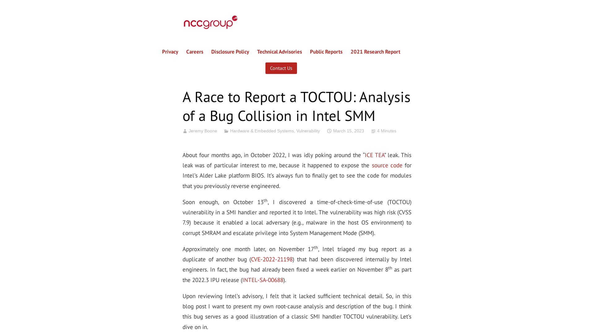 A Race to Report a TOCTOU: Analysis of a Bug Collision in Intel SMM – NCC Group Research