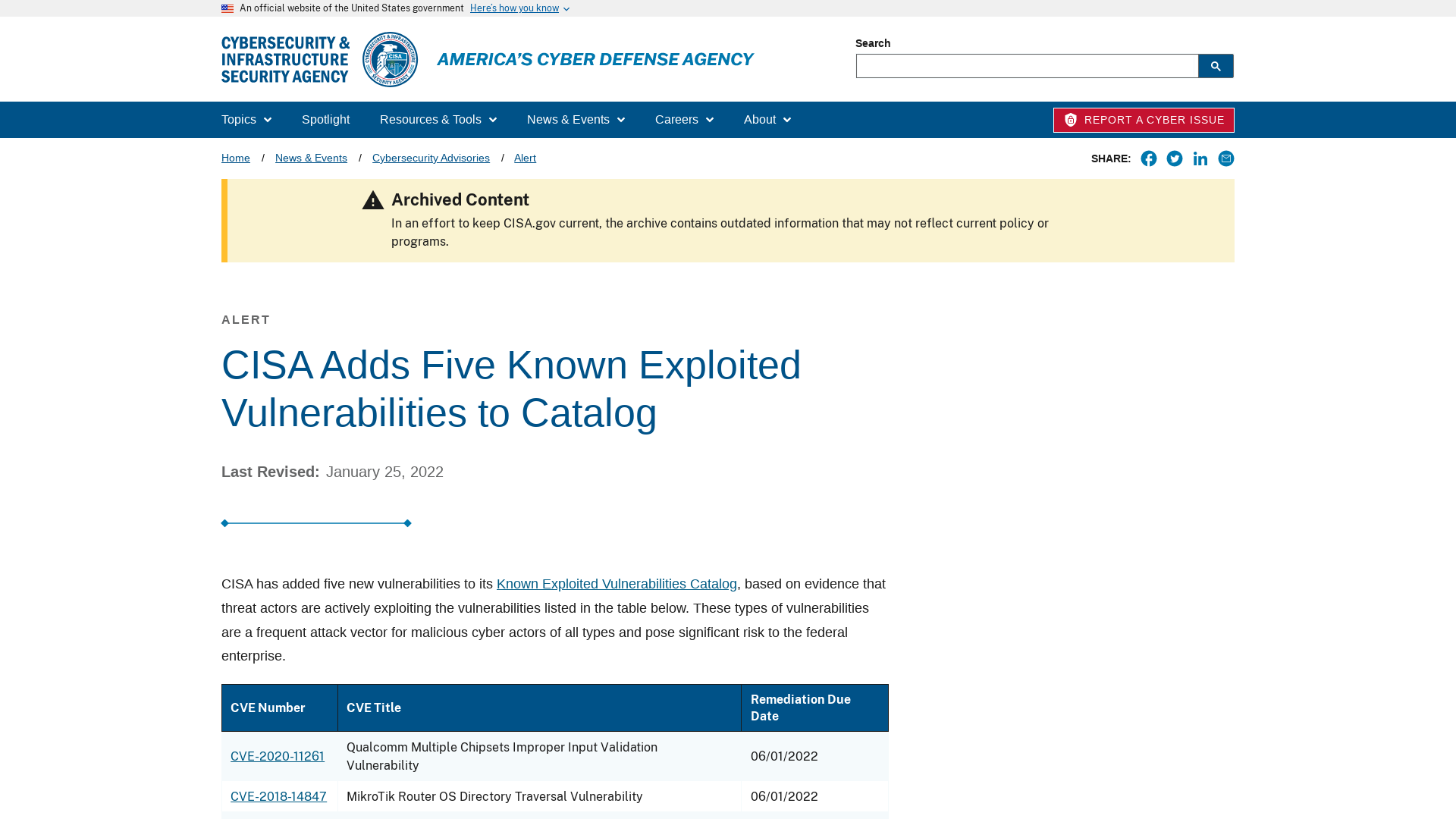 CISA Adds Five Known Exploited Vulnerabilities to Catalog | CISA