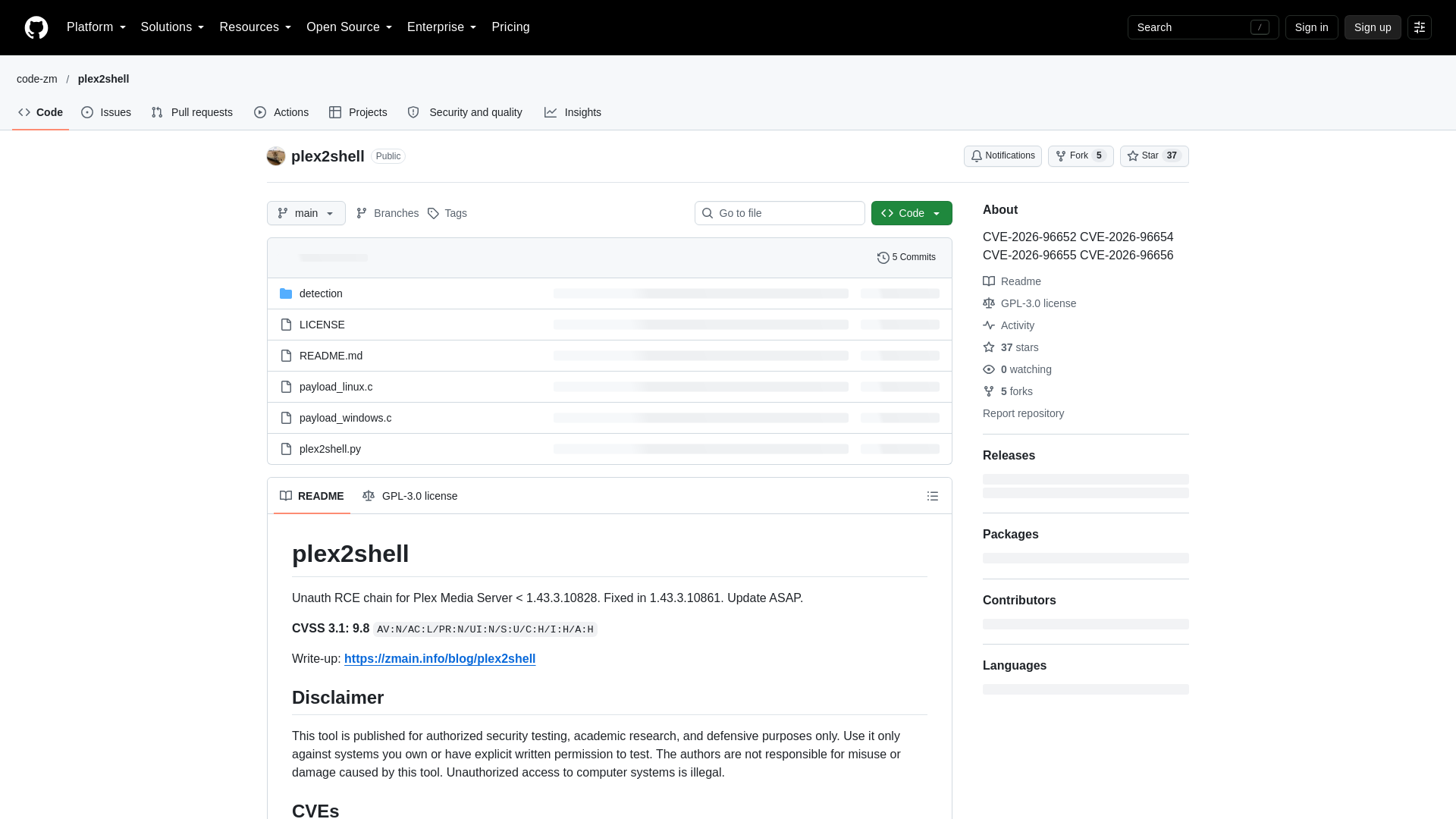 GitHub - code-zm/plex2shell: CVE-2026-96652 CVE-2026-96654 CVE-2026-96655 CVE-2026-96656 · GitHub