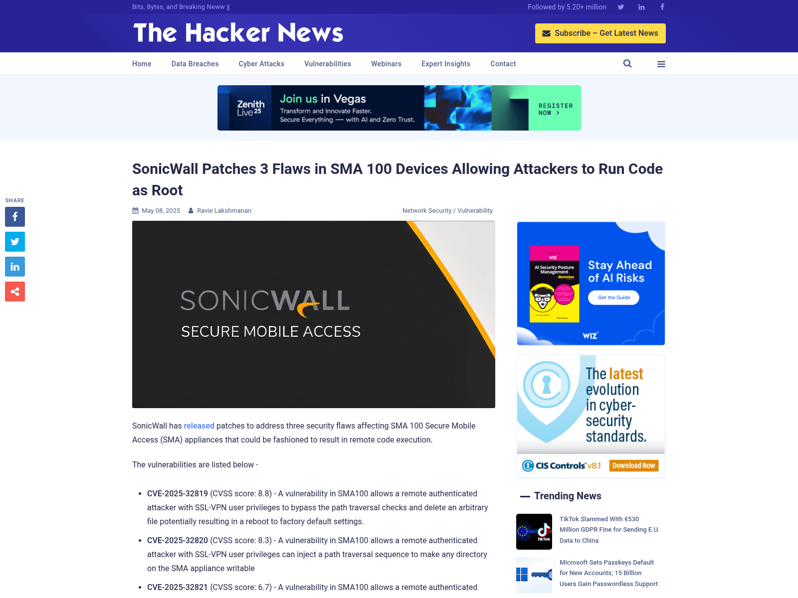 SonicWall Patches 3 Flaws in SMA 100 Devices Allowing Attackers to Run Code as Root