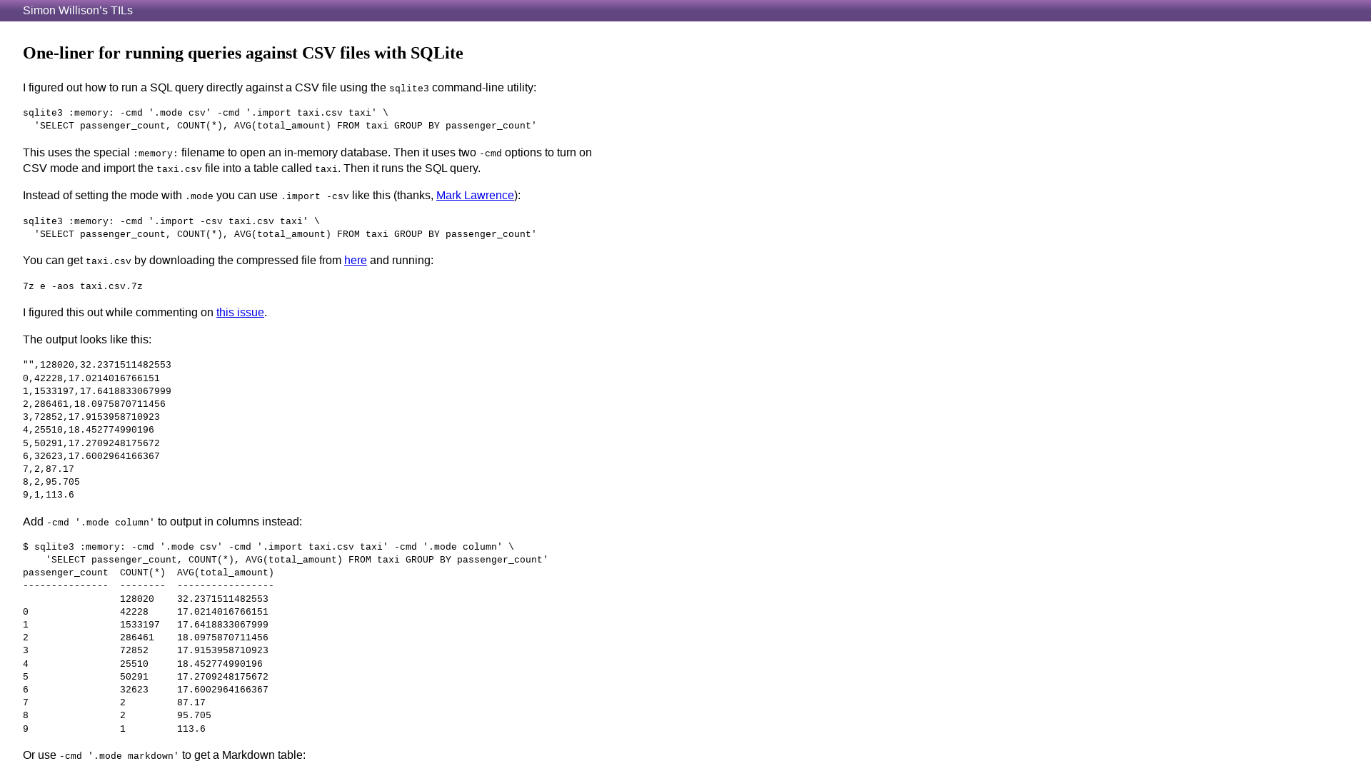 One-liner for running queries against CSV files with SQLite | Simon Willison’s TILs
