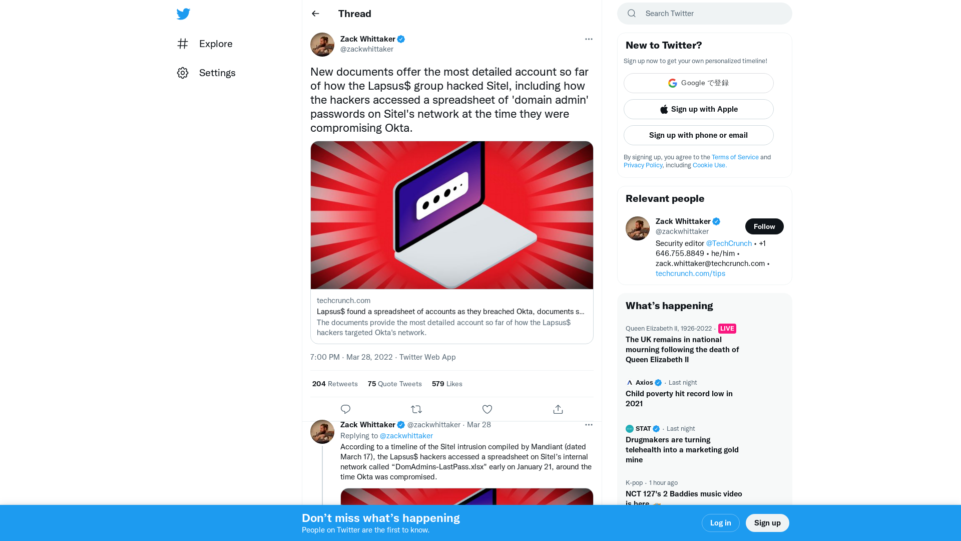 Zack Whittaker on Twitter: "New documents offer the most detailed account so far of how the Lapsus$ group hacked Sitel, including how the hackers accessed a spreadsheet of 'domain admin' passwords on Sitel's network at the time they were compromising Okta. https://t.co/5q580tMNxT" / Twitter