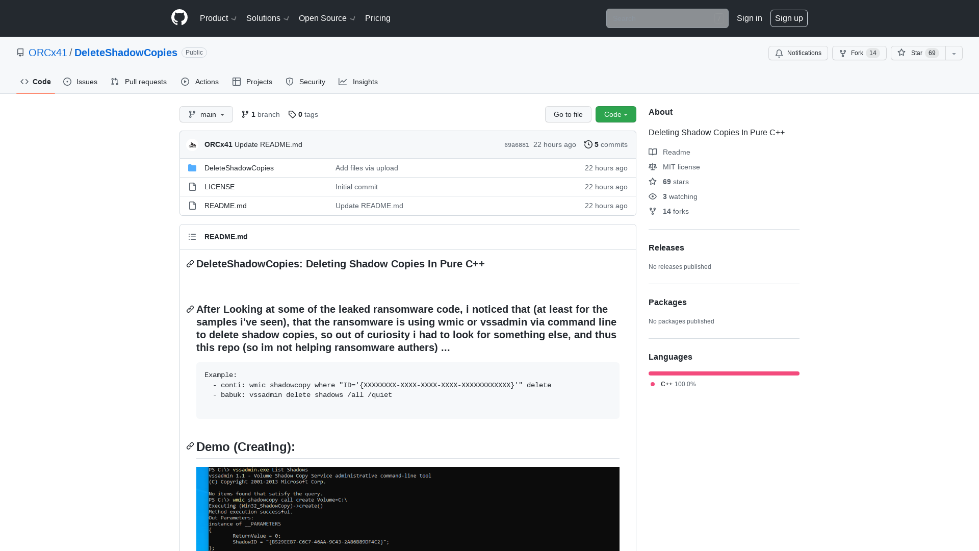 GitHub - ORCx41/DeleteShadowCopies: Deleting Shadow Copies In Pure C++
