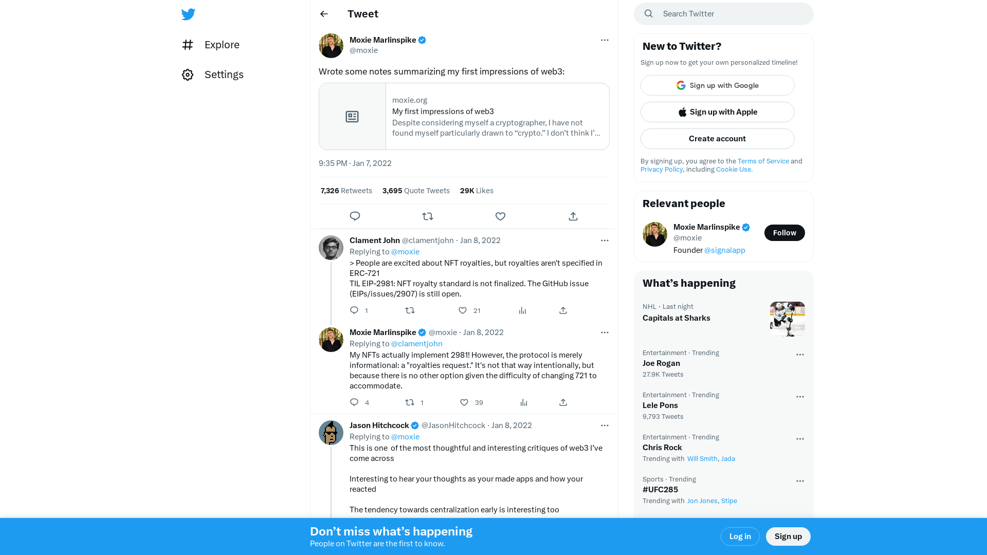 Moxie Marlinspike on Twitter: "Wrote some notes summarizing my first impressions of web3: https://t.co/16MoPROOGc" / Twitter