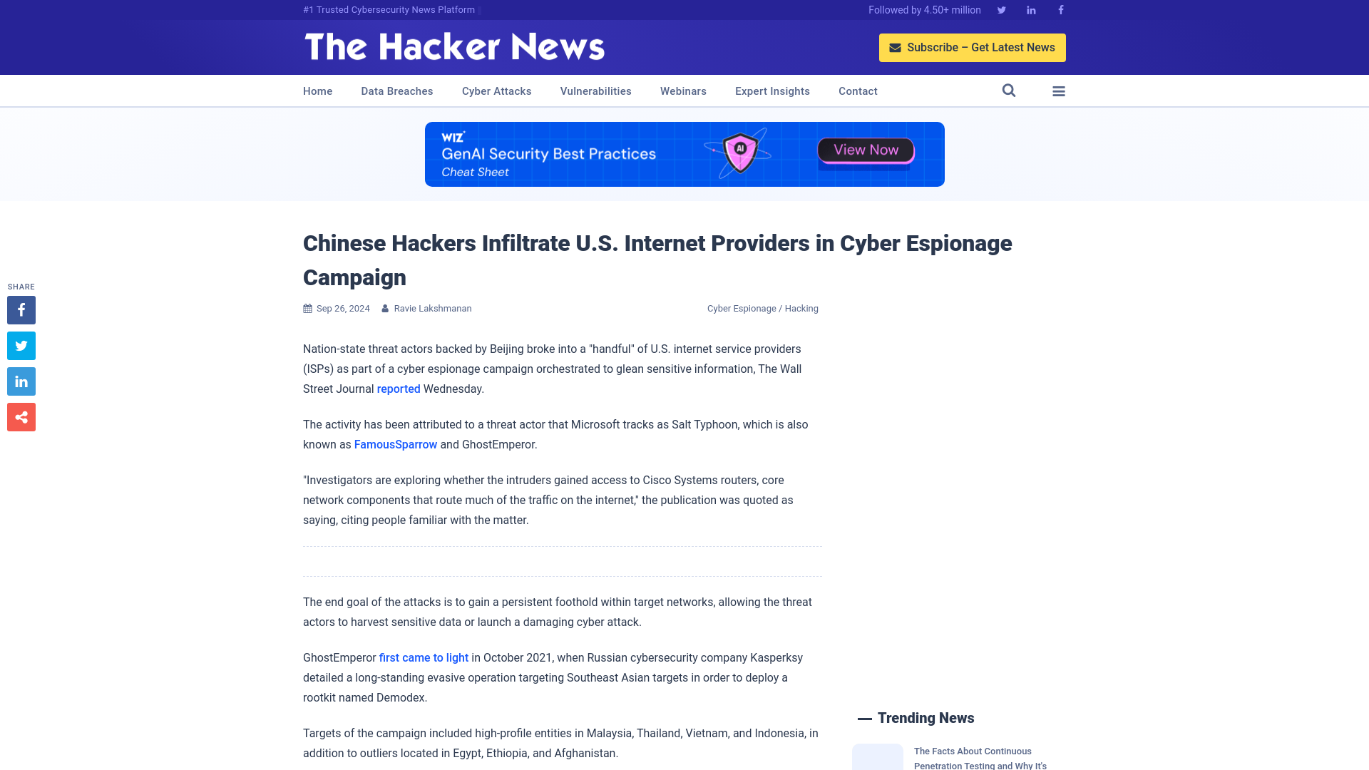 Chinese Hackers Infiltrate U.S. Internet Providers in Cyber Espionage Campaign