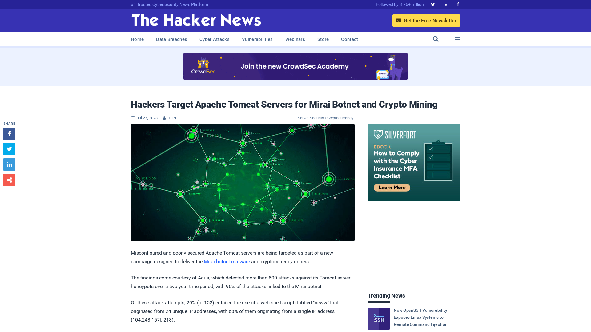 Hackers Target Apache Tomcat Servers for Mirai Botnet and Crypto Mining