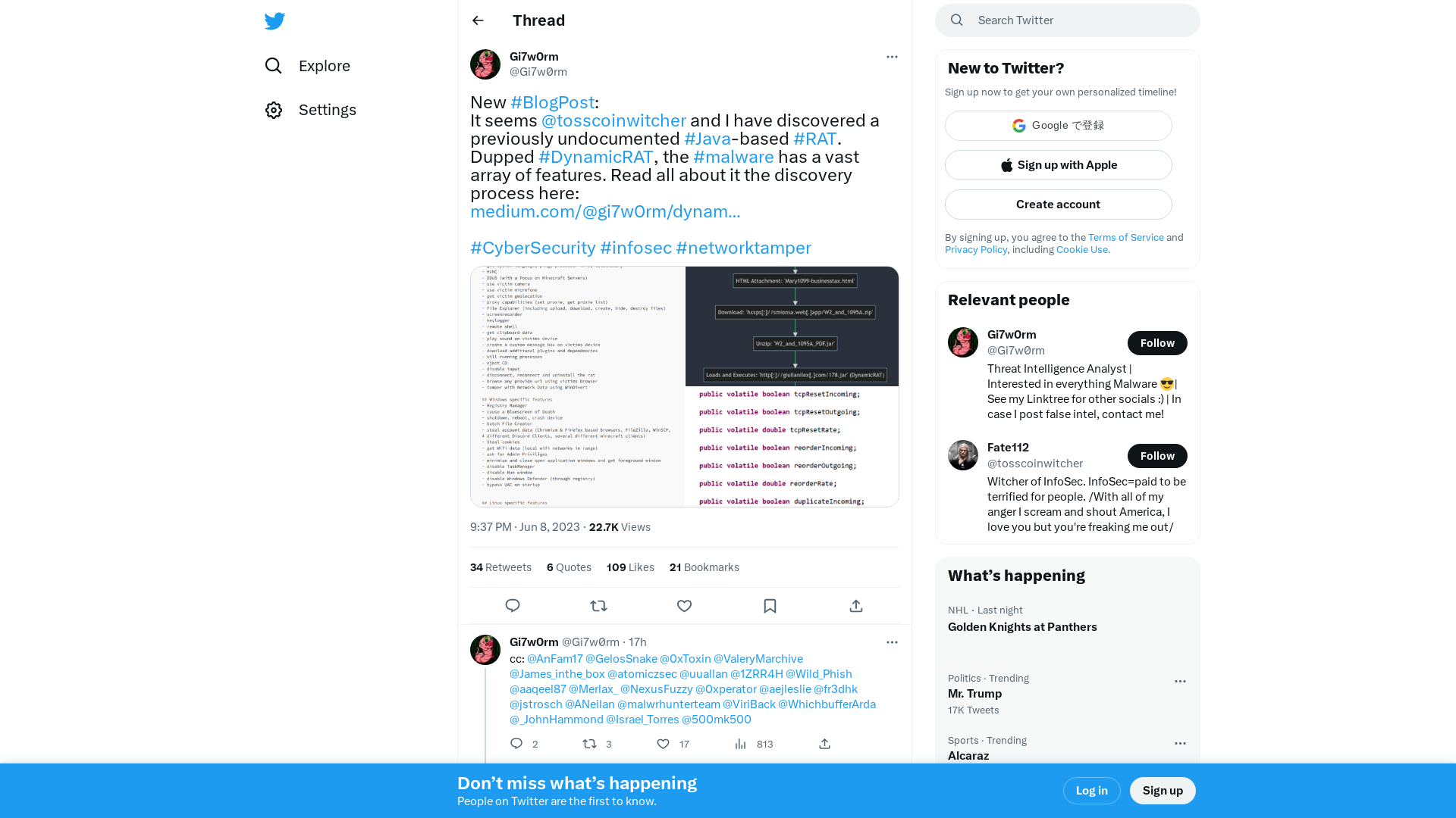 Gi7w0rm on Twitter: "New #BlogPost: It seems @tosscoinwitcher and I have discovered a previously undocumented #Java-based #RAT. Dupped #DynamicRAT, the #malware has a vast array of features. Read all about it the discovery process here: https://t.co/NXydj3Zsza #CyberSecurity #infosec #networktamper https://t.co/3grKV66c8H" / Twitter