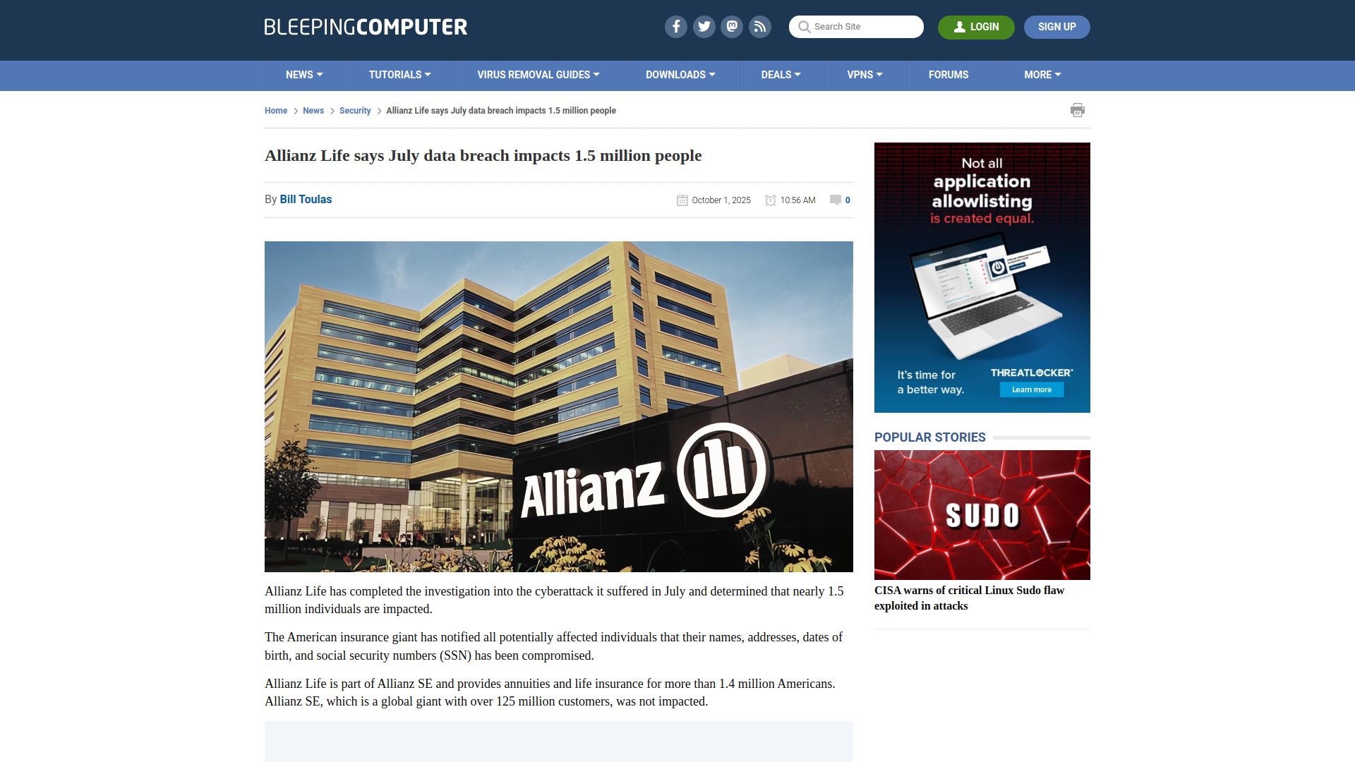 Allianz Life says July data breach impacts 1.5 million people