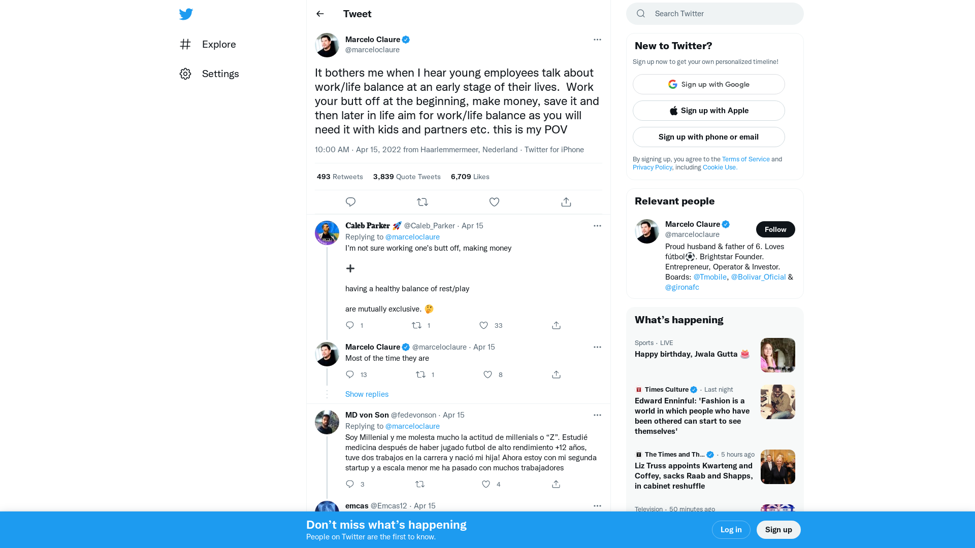 Marcelo Claure on Twitter: "It bothers me when I hear young employees talk about work/life balance at an early stage of their lives. Work your butt off at the beginning, make money, save it and then later in life aim for work/life balance as you will need it with kids and partners etc. this is my POV" / Twitter