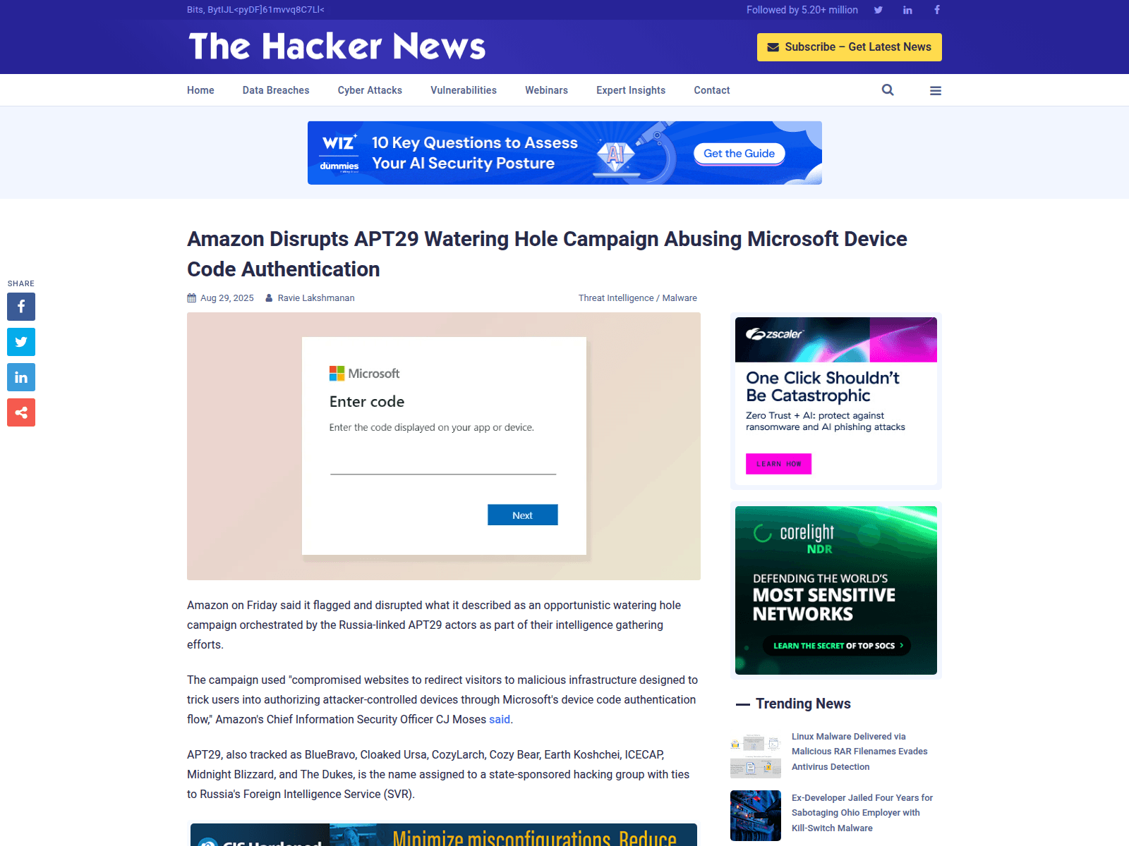 Amazon Disrupts APT29 Watering Hole Campaign Abusing Microsoft Device Code Authentication